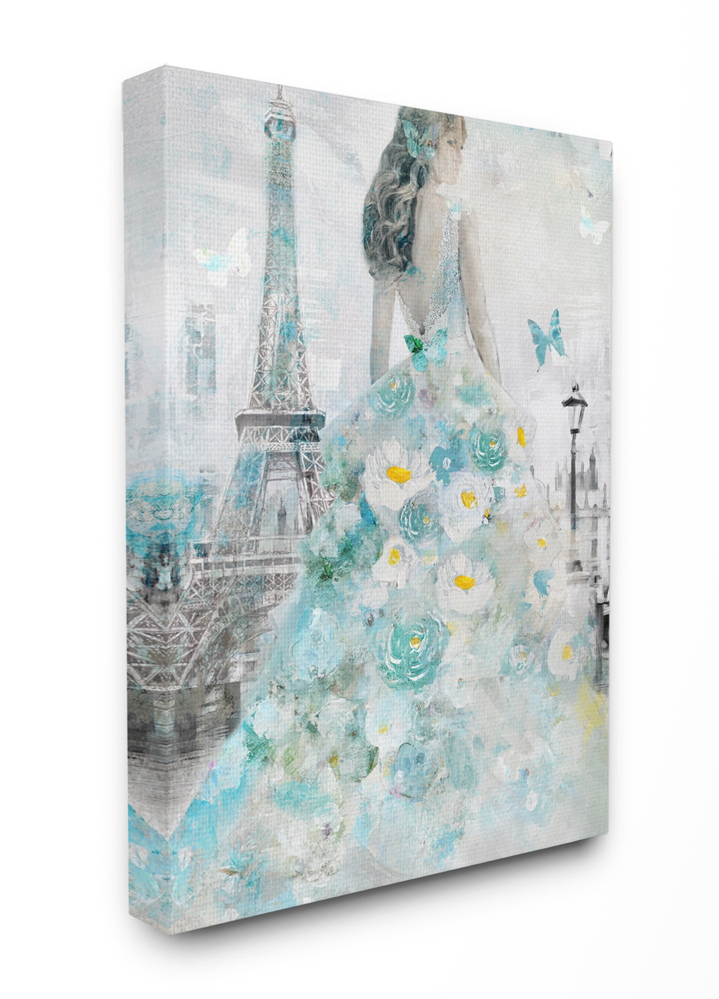 Stupell Industries Parisian Woman with Butterfly and Blue Floral Dress Painting Gallery-Wrapped Canvas Print Wall Art, 30x40, by Main Line Art & Design