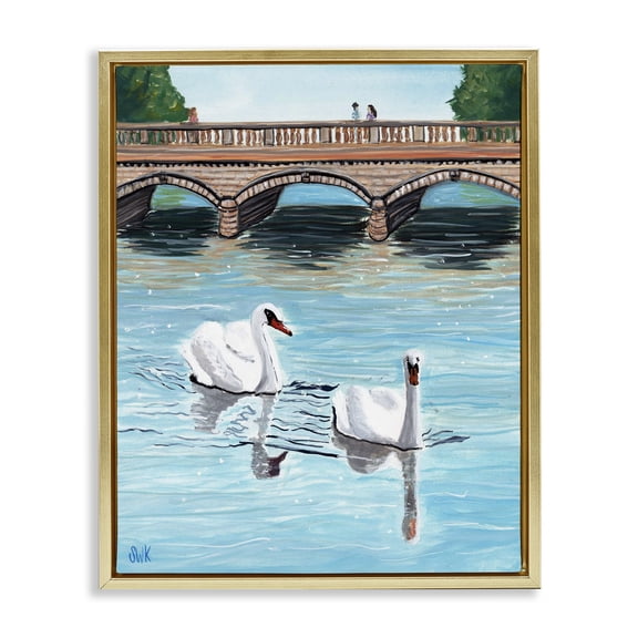 Stupell Industries Park In The City Swans Landscape & Nature Painting Gold Floater Framed Canvas Art Print Wall Art, 25 x 31