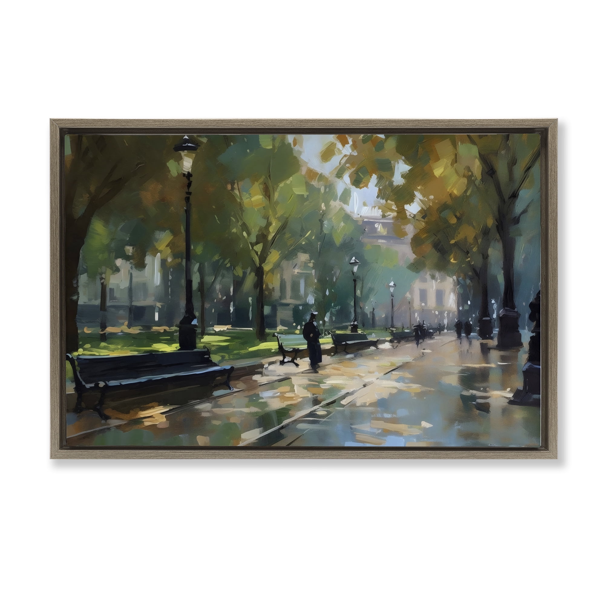 Stupell Industries Park Promenade on Rainy Day Brown Framed Floater Canvas Wall Art, design by Creative Studio