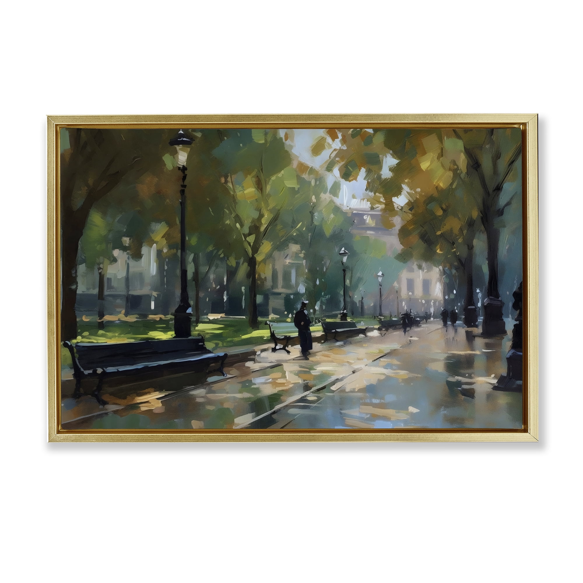 Stupell Industries Park Promenade on Rainy Day Gold Framed Floater Canvas Wall Art, design by Creative Studio