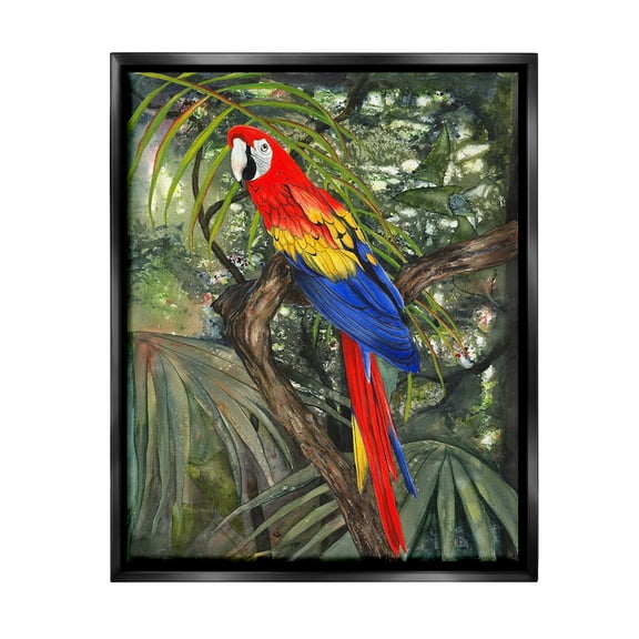 Stupell Industries Parrot Among Branches Animals & Insects Painting Black Floater Framed Canvas Art Print Wall Art, 17 x 21