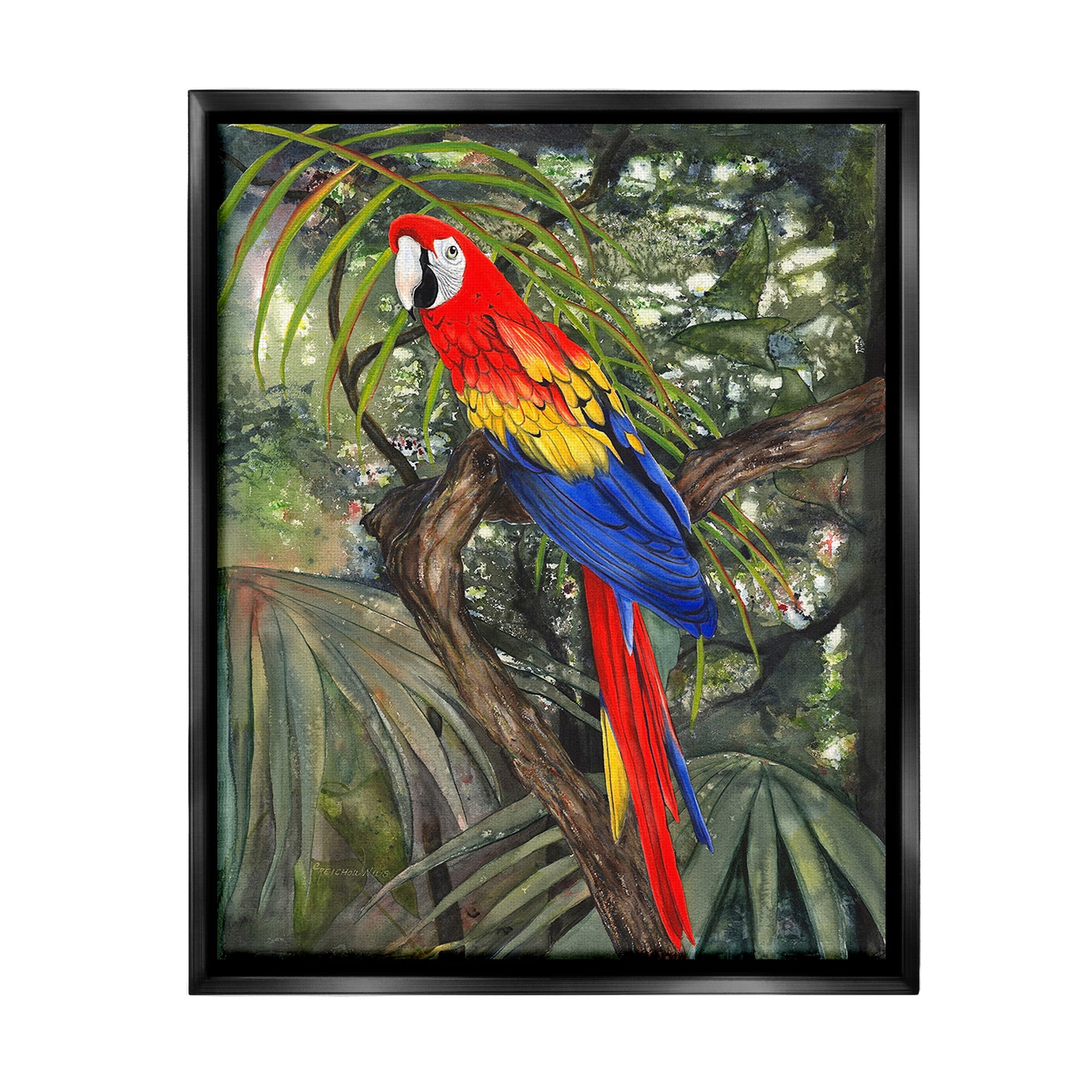 Stupell Industries Parrot Among Branches Animals & Insects Painting Black Floater Framed Canvas Art Print Wall Art, 25 x 31