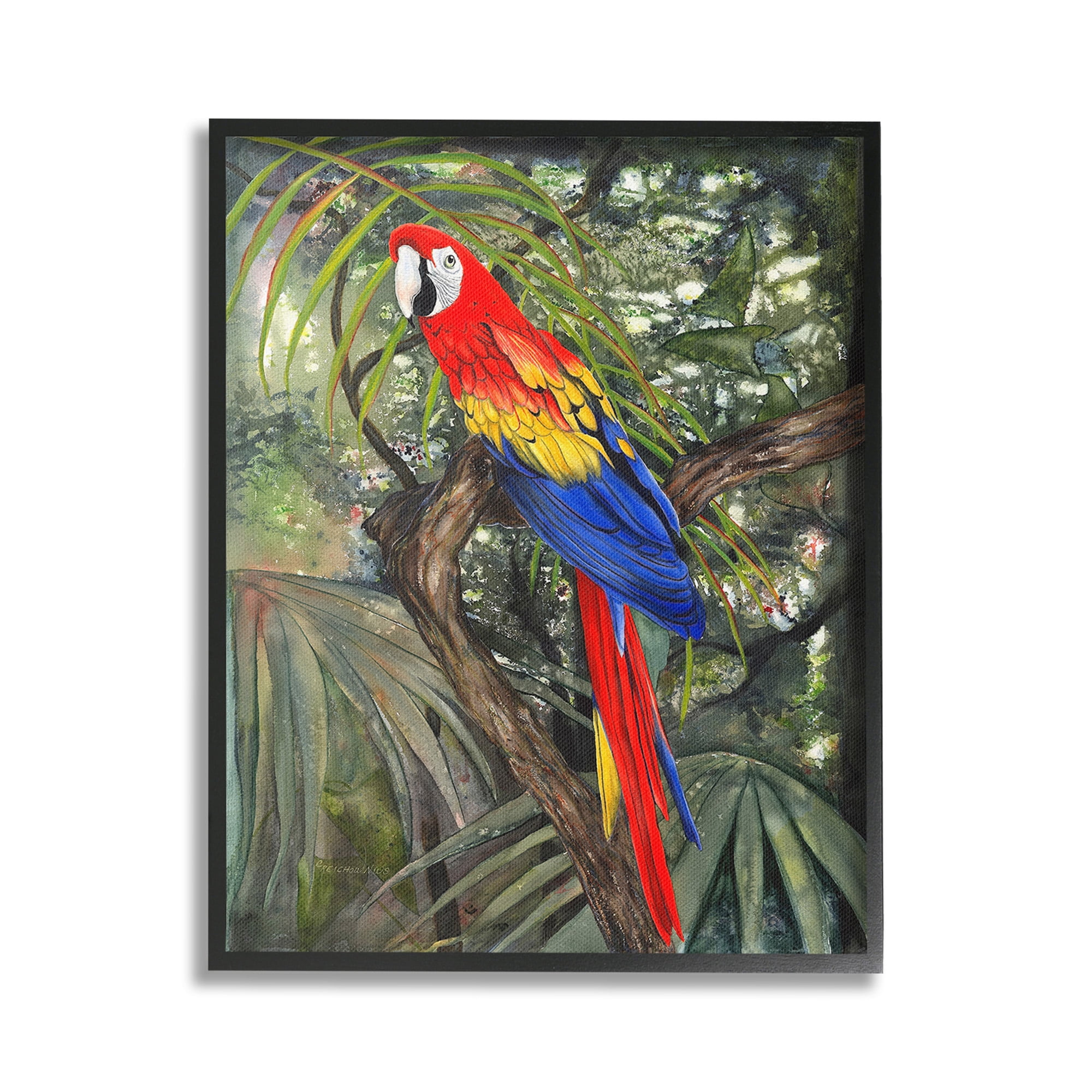 Stupell Industries Parrot Among Branches Animals & Insects Painting Black Framed Art Print Wall Art, 24 x 30