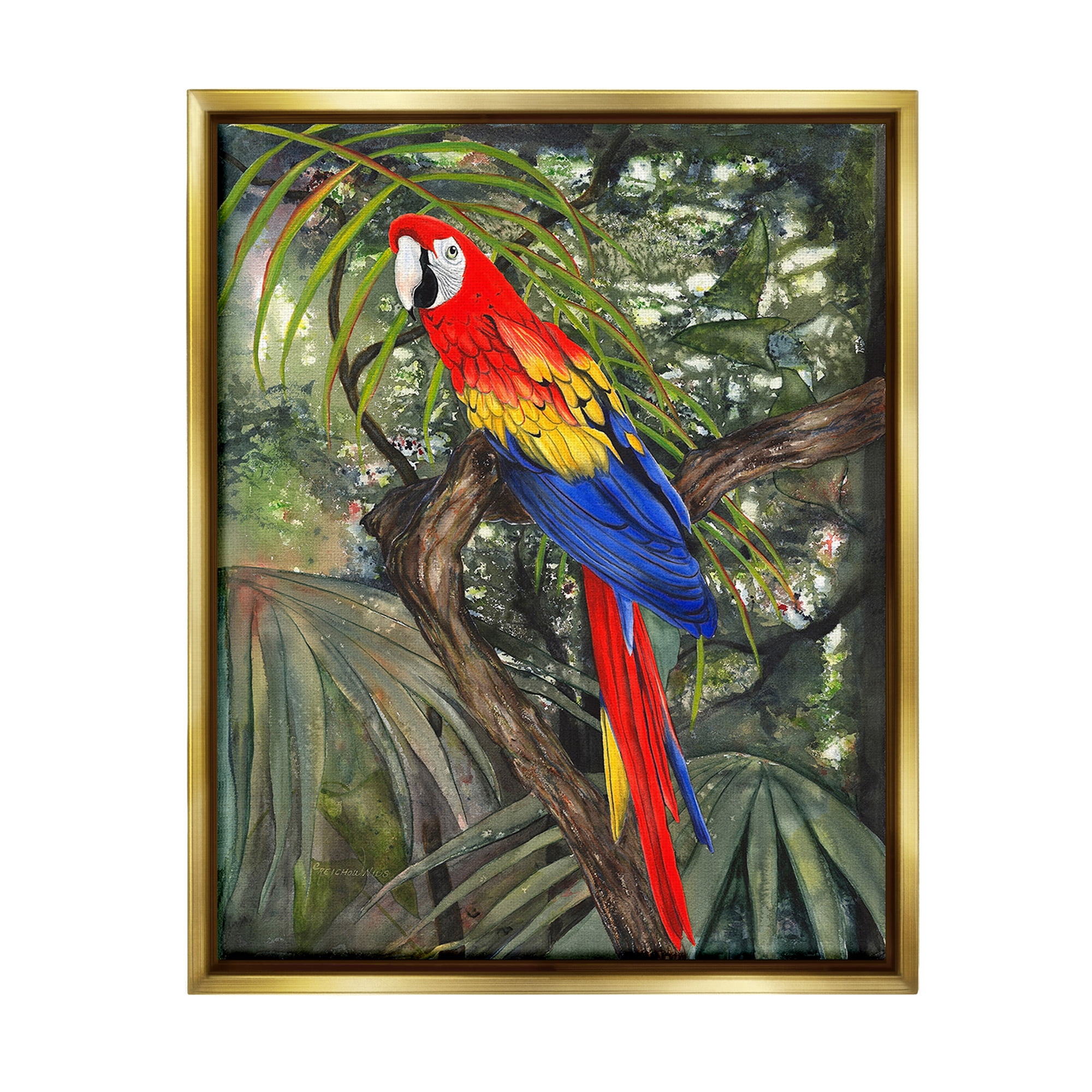 Stupell Industries Parrot Among Branches Animals & Insects Painting Gold Floater Framed Canvas Art Print Wall Art, 25 x 31