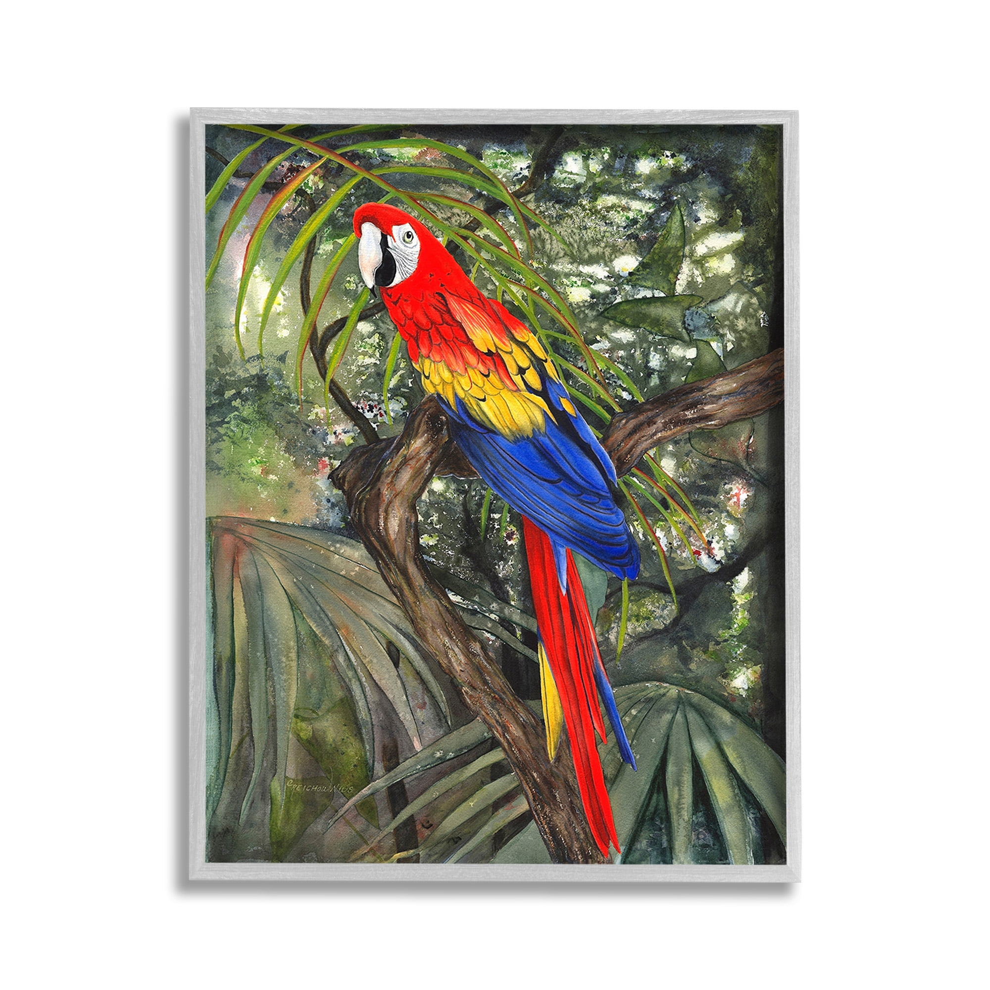 Stupell Industries Parrot Among Branches Animals & Insects Painting Gray Framed Art Print Wall Art, 11 x 14