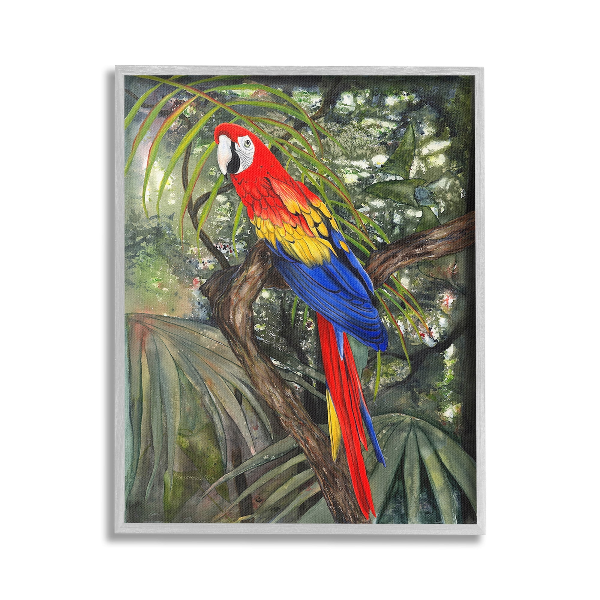 Stupell Industries Parrot Among Branches Animals & Insects Painting Gray Framed Art Print Wall Art, 24 x 30