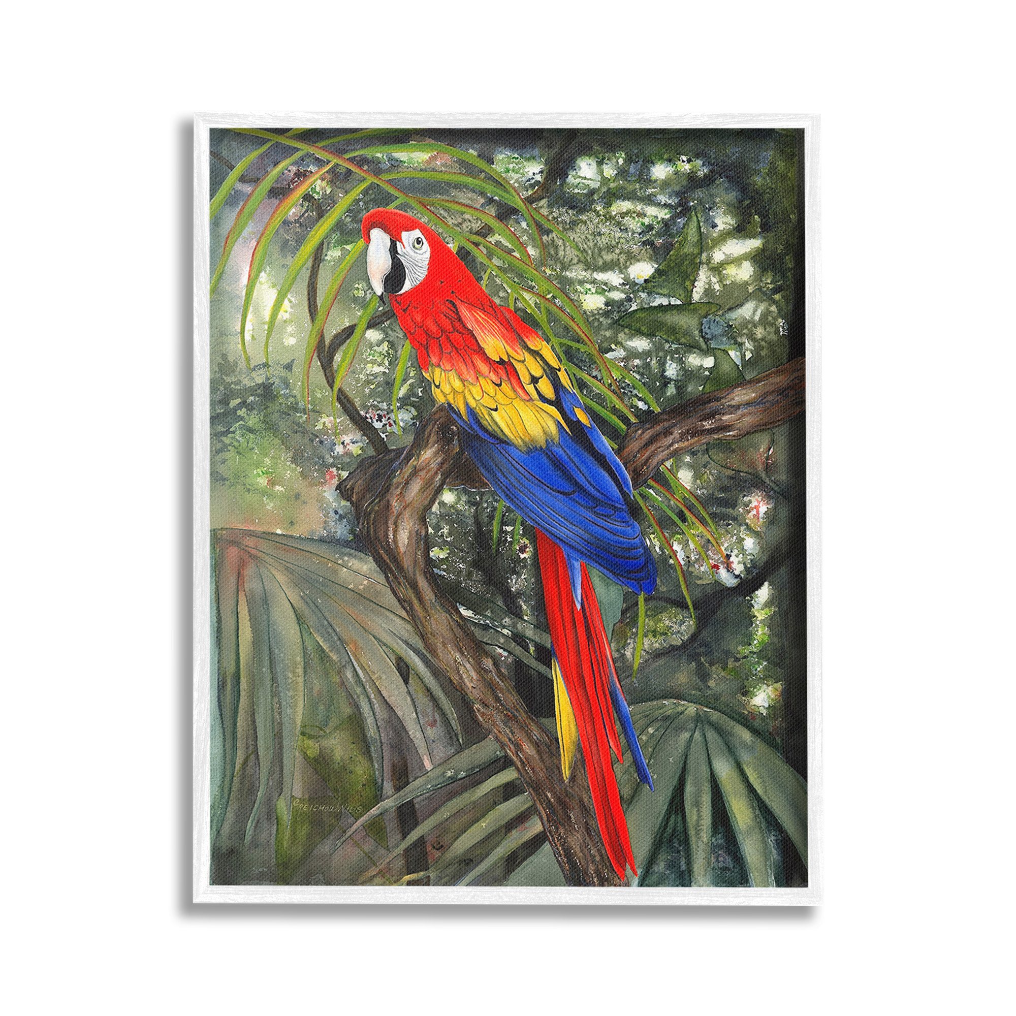 Stupell Industries Parrot Among Branches Animals & Insects Painting White Framed Art Print Wall Art, 16 x 20