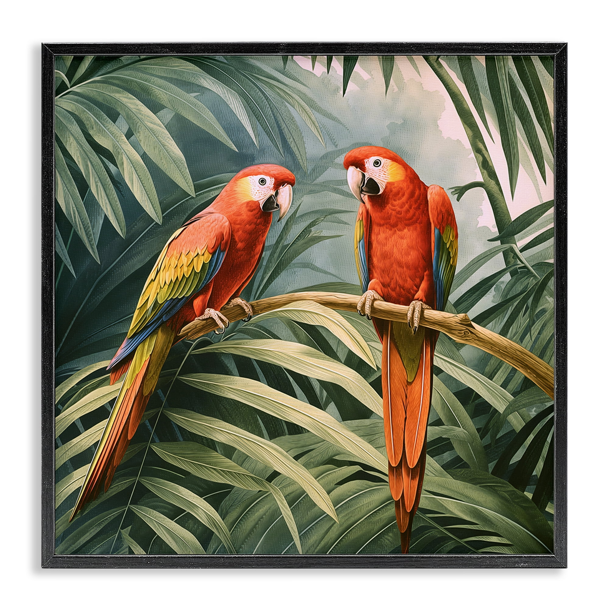 Stupell Industries Parrot Duo in Rainforest Animals Painting Black Framed Art Print Wall Art, 17 x 17