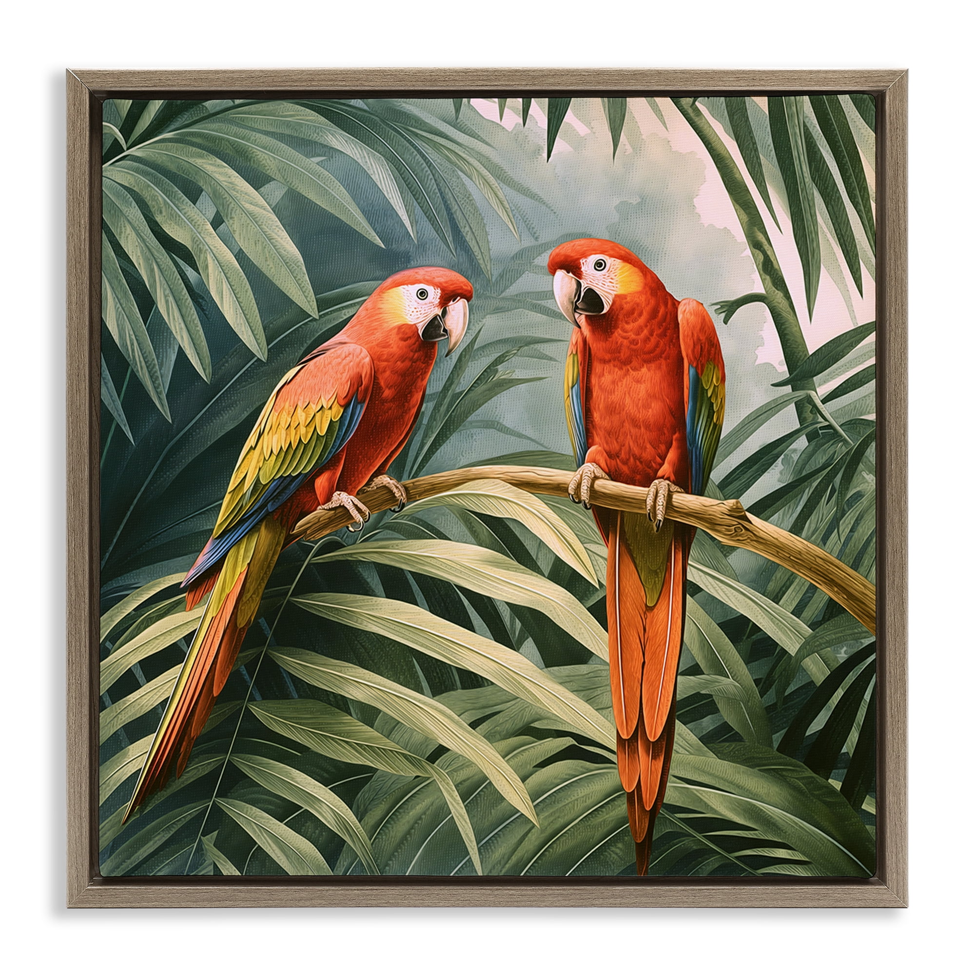 Stupell Industries Parrot Duo in Rainforest Animals Painting Brown Floater Framed Canvas Art Print Wall Art, 25 x 25