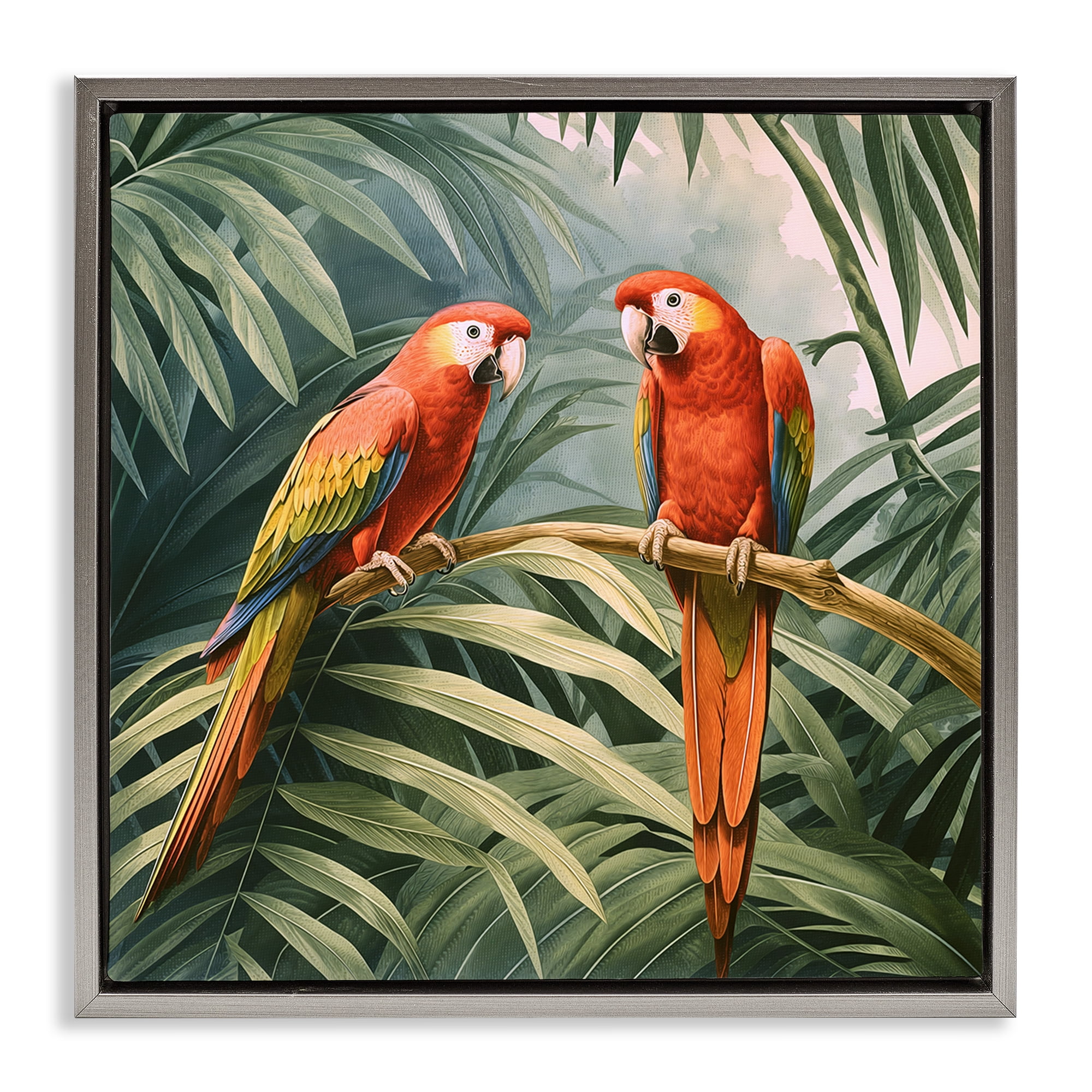 Stupell Industries Parrot Duo in Rainforest Animals Painting Gray Floater Framed Canvas Art Print Wall Art, 18 x 18