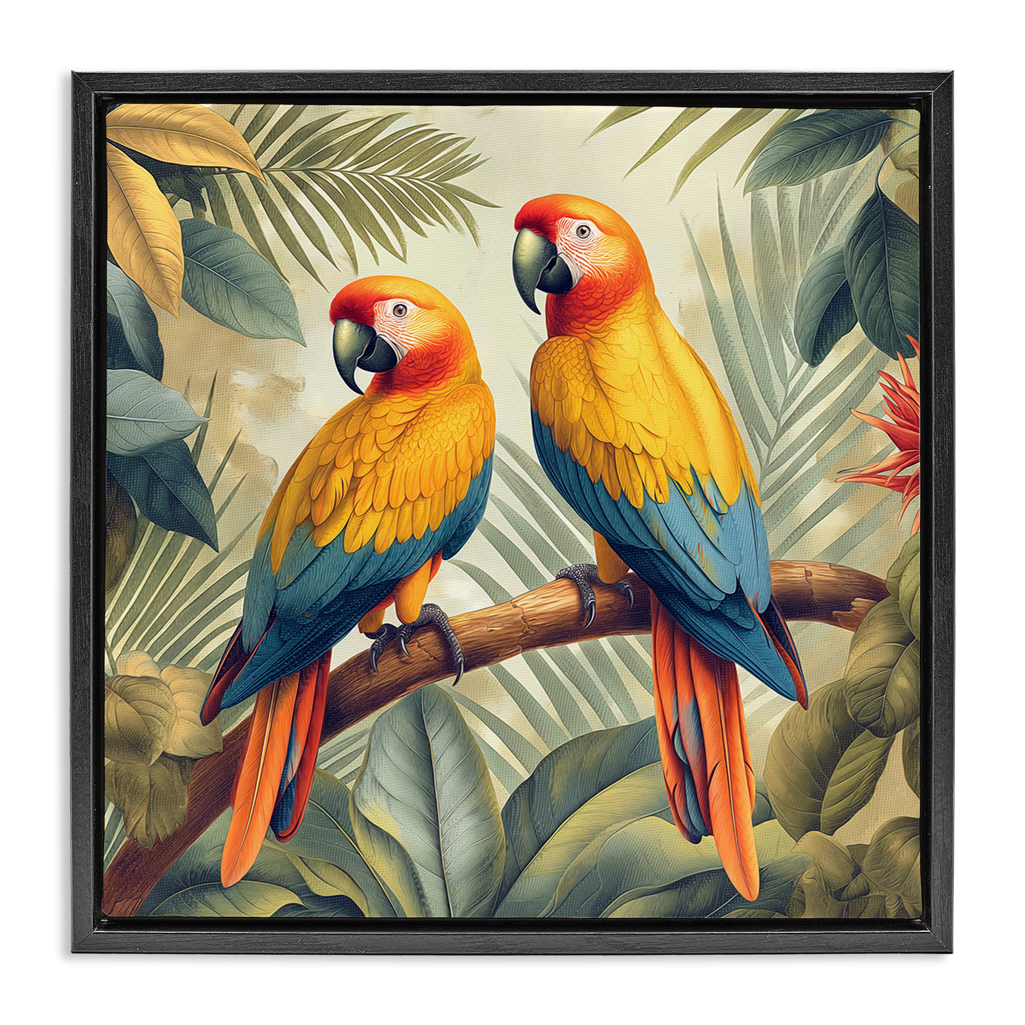 Stupell Industries Parrot Duo on Branch Animals Painting Black Floater Framed Canvas Art Print Wall Art, 18 x 18