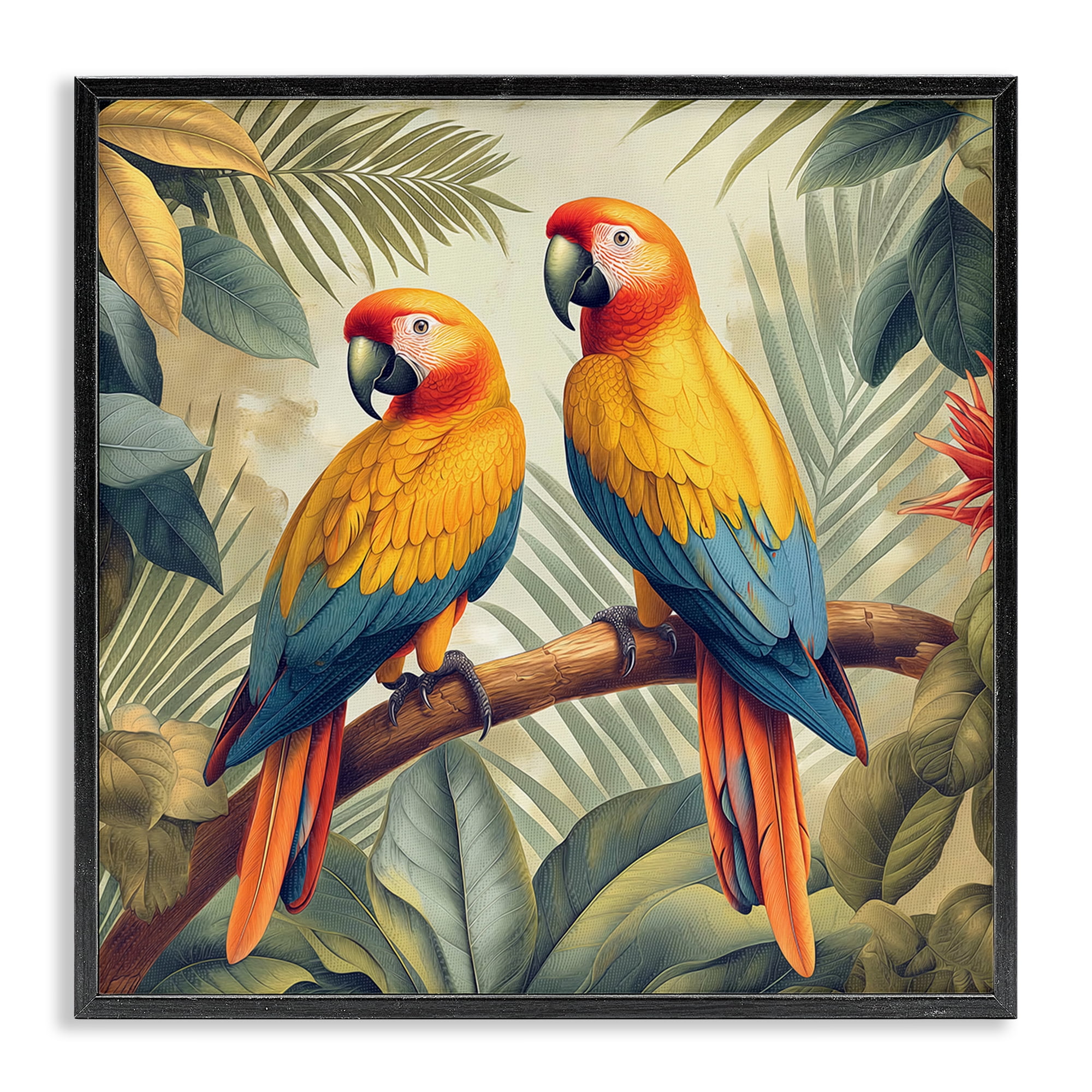 Stupell Industries Parrot Duo on Branch Animals Painting Black Framed Art Print Wall Art, 24 x 24