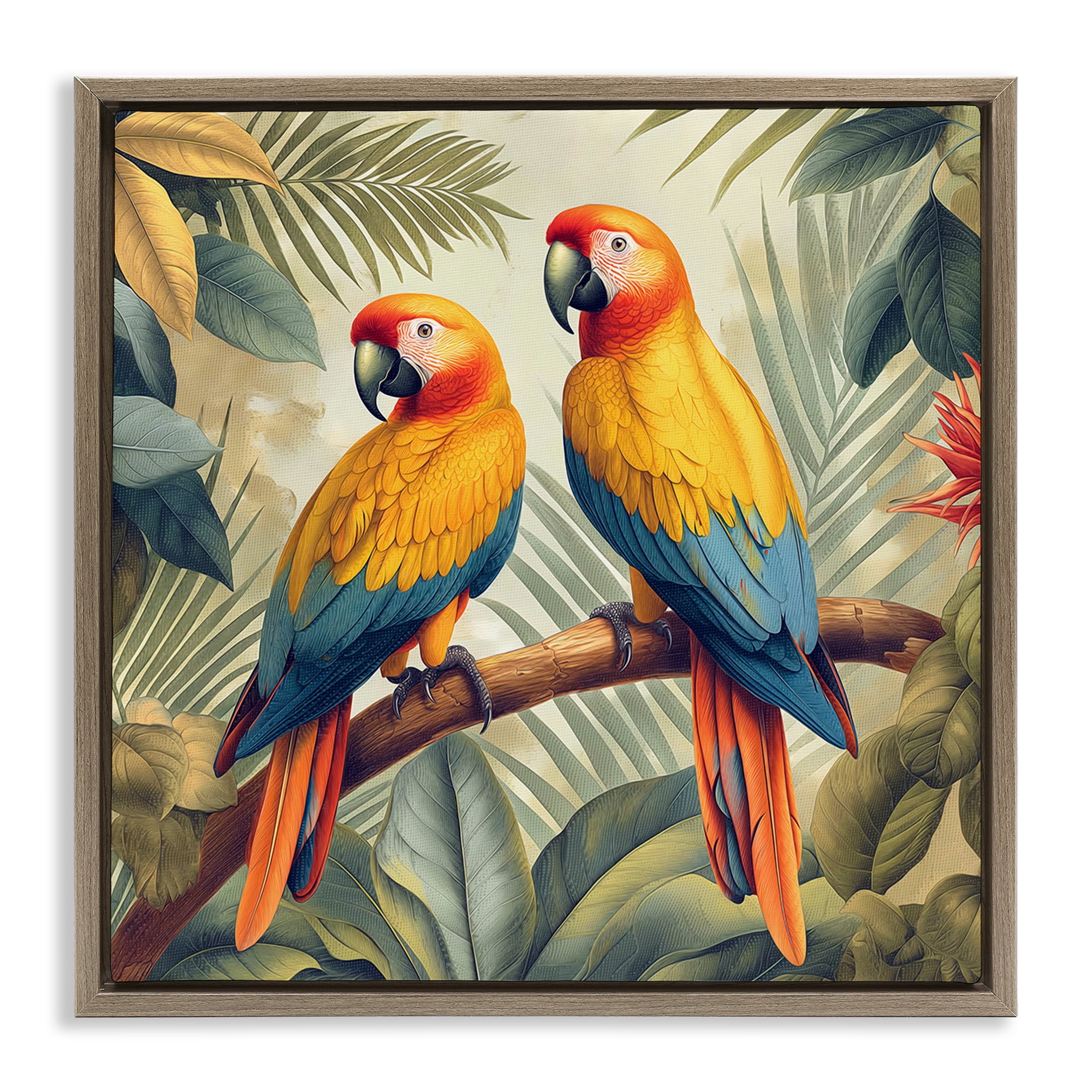 Stupell Industries Parrot Duo on Branch Animals Painting Brown Floater Framed Canvas Art Print Wall Art, 25 x 25
