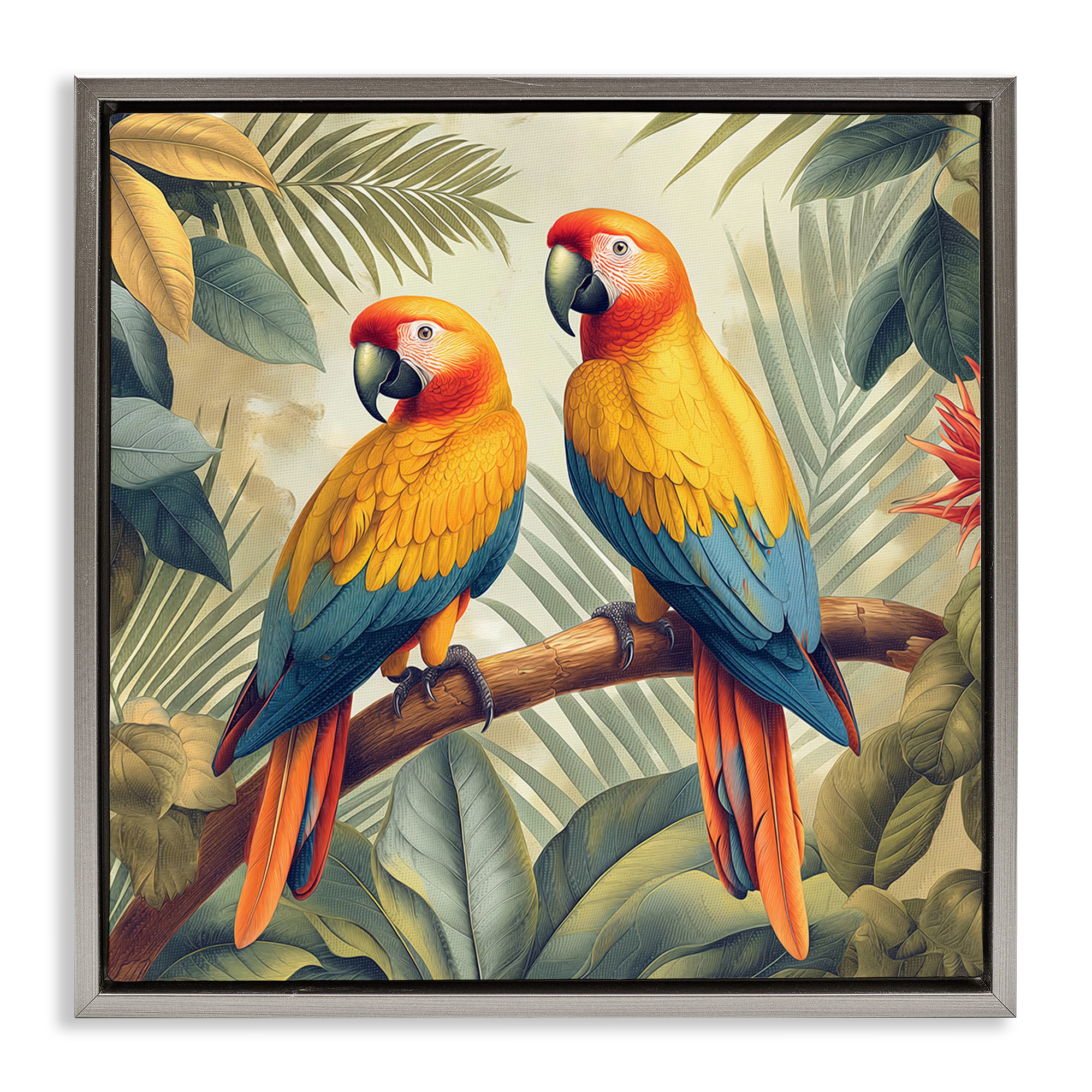 Stupell Industries Parrot Duo on Branch Animals Painting Gray Floater Framed Canvas Art Print Wall Art, 25 x 25
