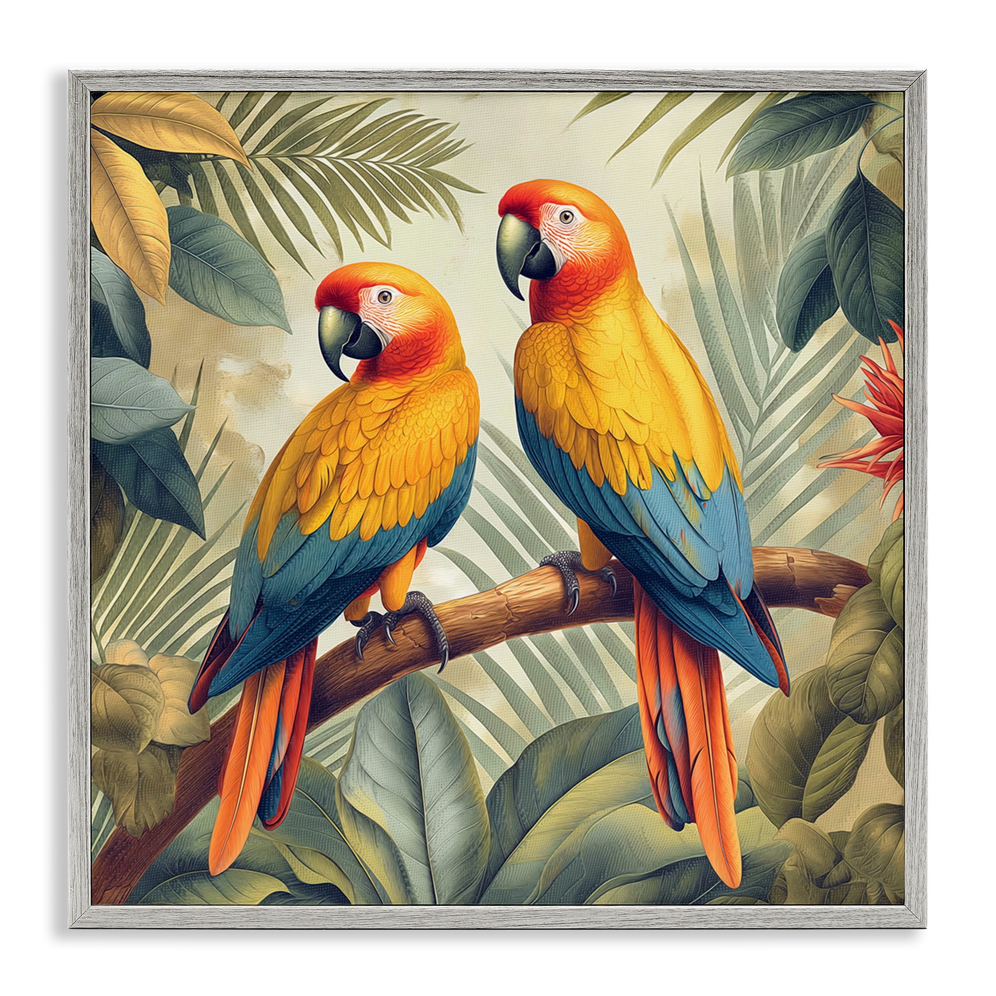 Stupell Industries Parrot Duo on Branch Animals Painting Gray Framed Art Print Wall Art, 17 x 17
