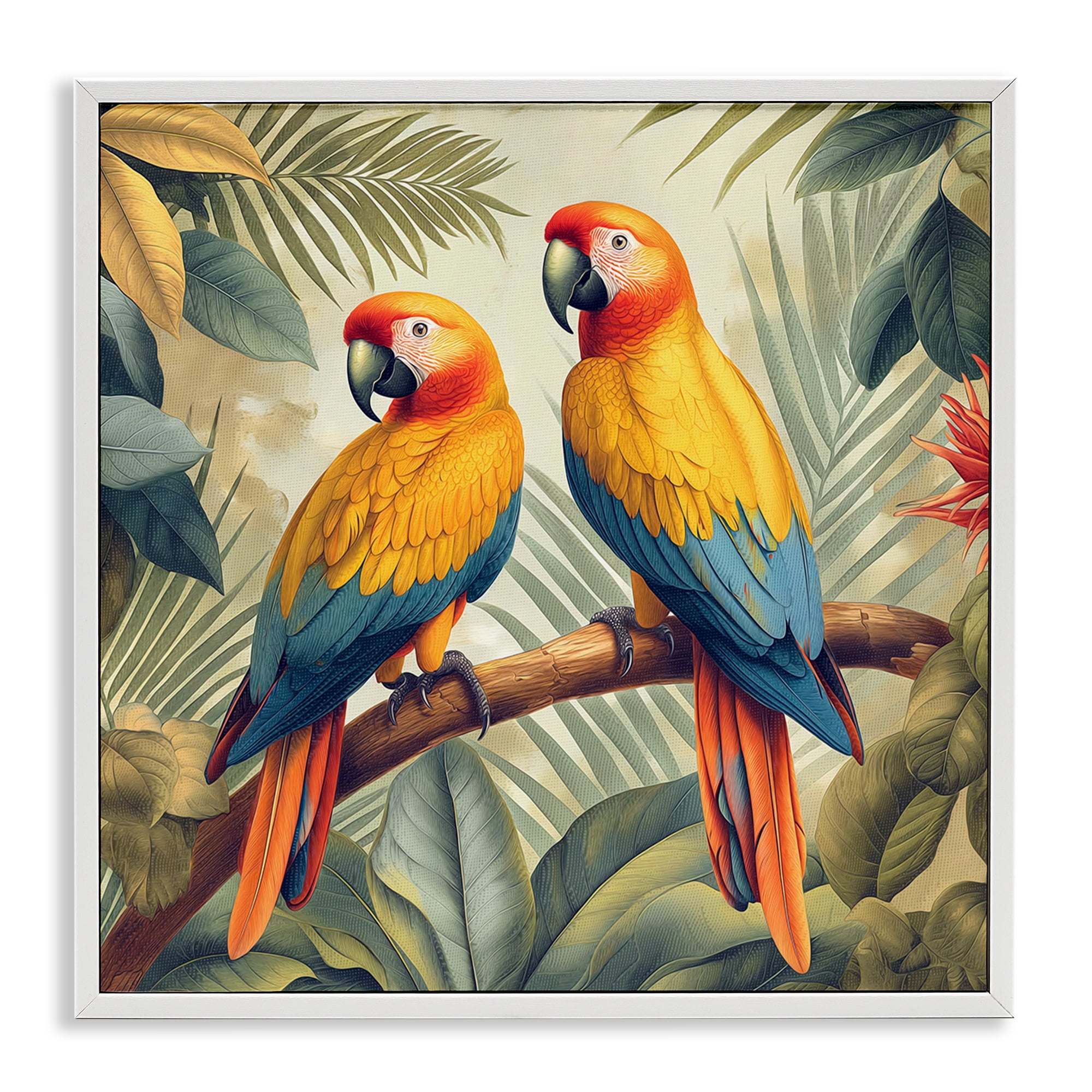 Stupell Industries Parrot Duo on Branch Animals Painting White Framed Art Print Wall Art, 12 x 12