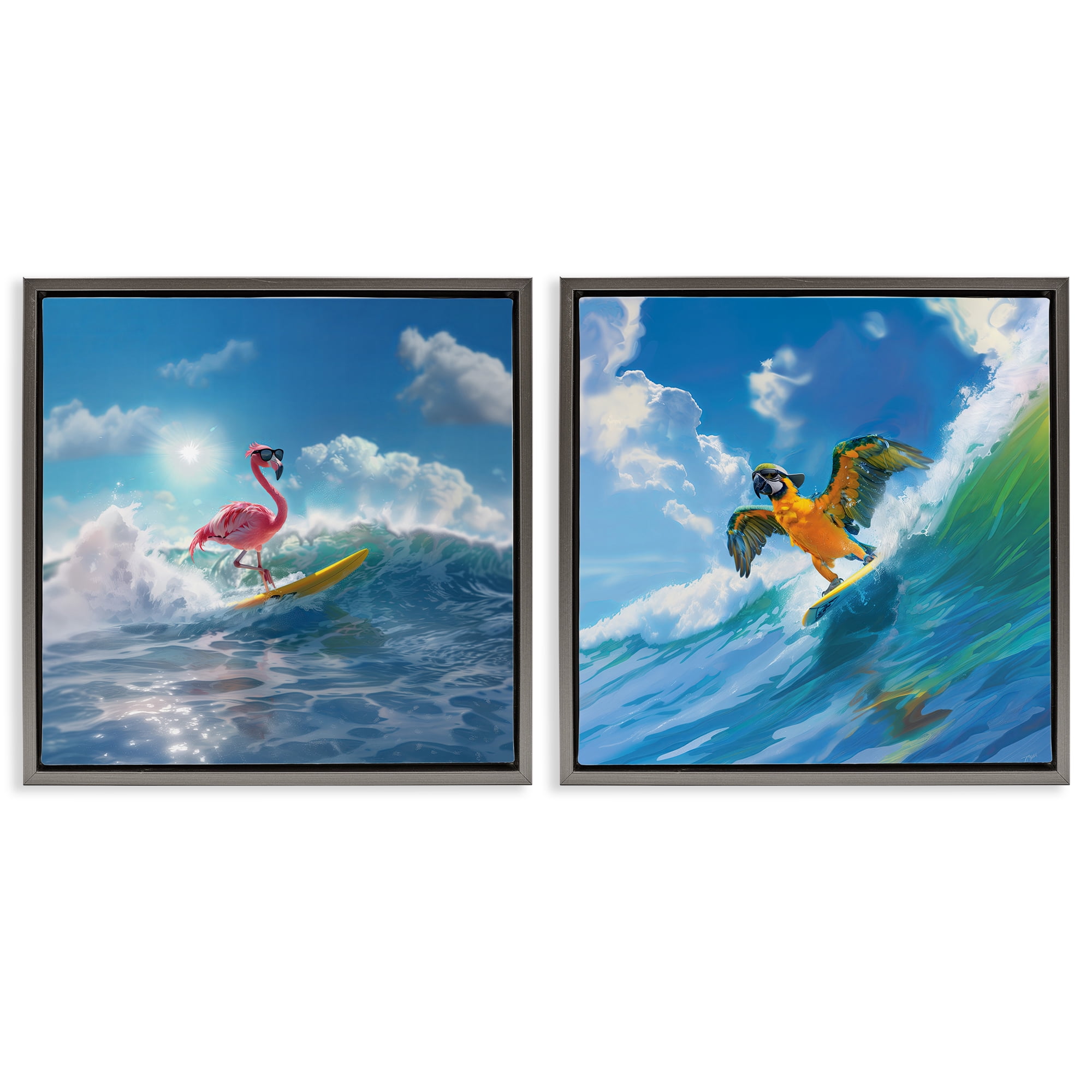 Stupell Industries Parrot & Flamingo Surf Nautical & Beach Painting Gray Floater Framed Canvas Art Print Wall Art, 25 x 25, Set of 2