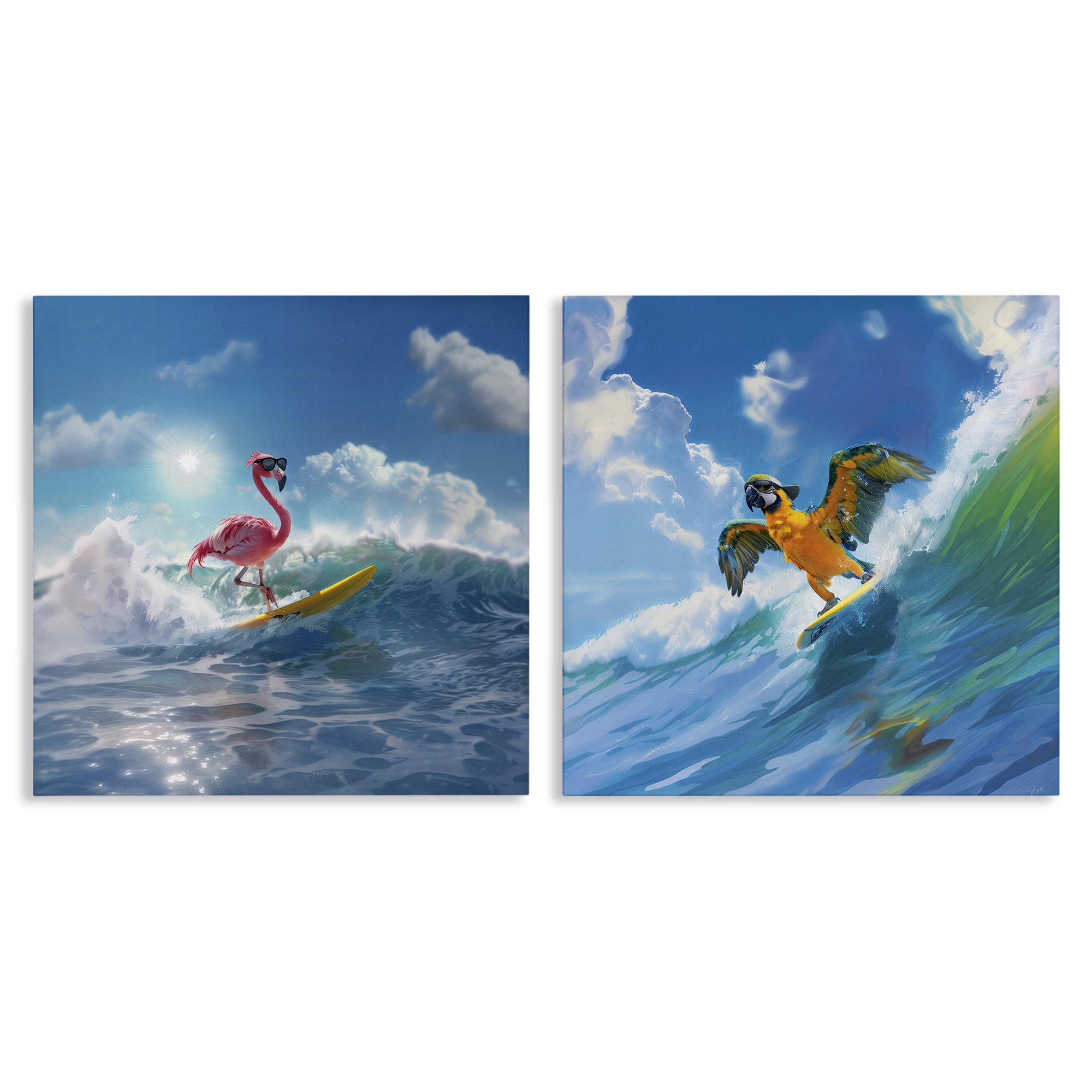 Stupell Industries Parrot & Flamingo Surf Nautical & Beach Painting Wrapped Canvas Art Print Wall Art, 17 x 17, Set of 2