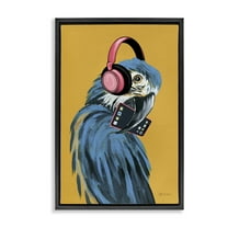 Stupell Industries Parrot Listening to Music Animals & Insects Painting Black Floater Framed Art Print Wall Art, 17 x 25