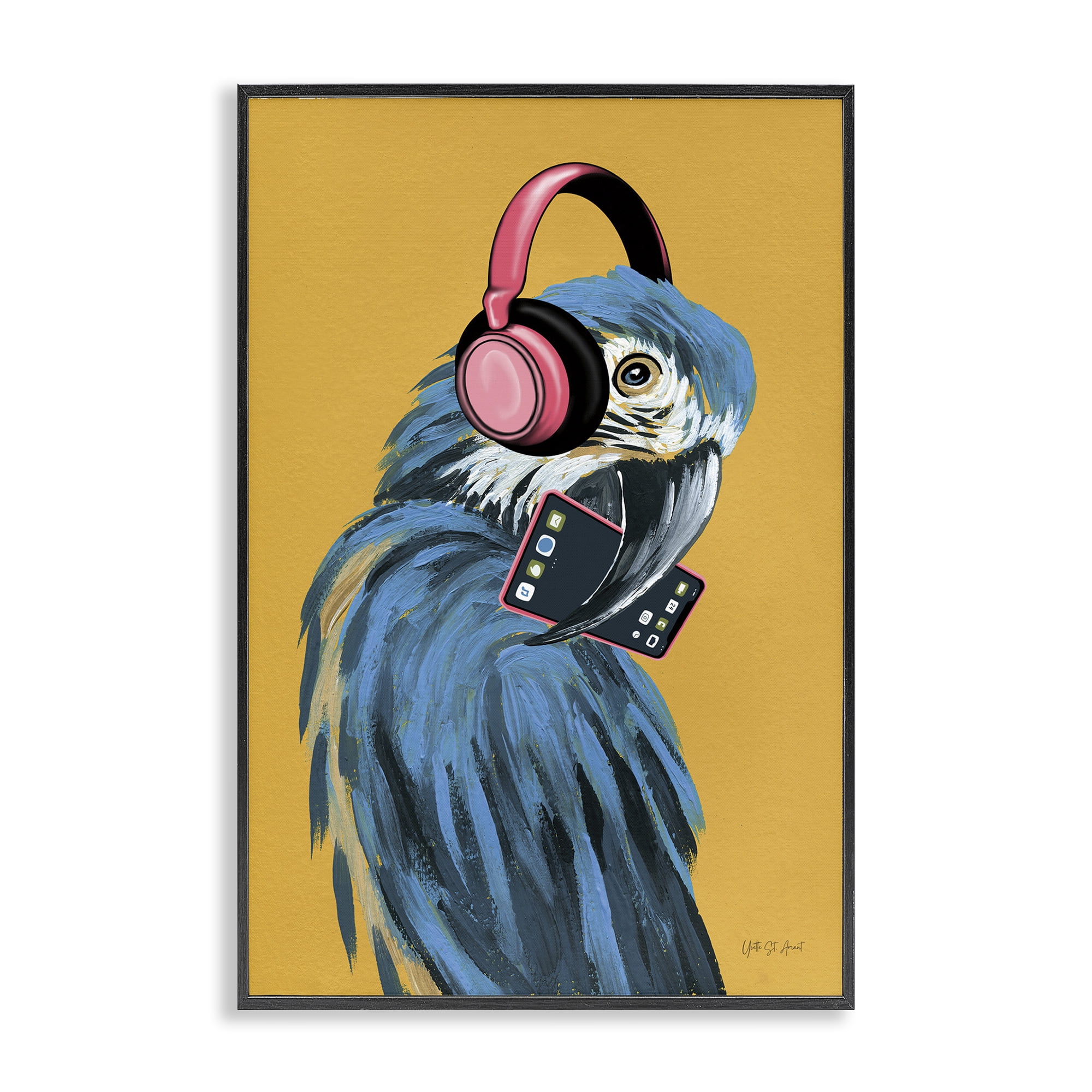Stupell Industries Parrot Listening to Music Animals & Insects Painting Black Framed Art Print Wall Art, 20 x 30