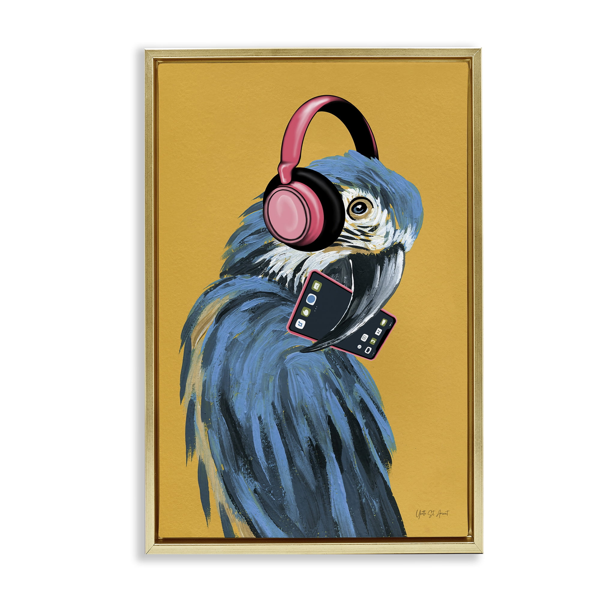 Stupell Industries Parrot Listening to Music Animals & Insects Painting Gold Floater Framed Art Print Wall Art, 21 x 31