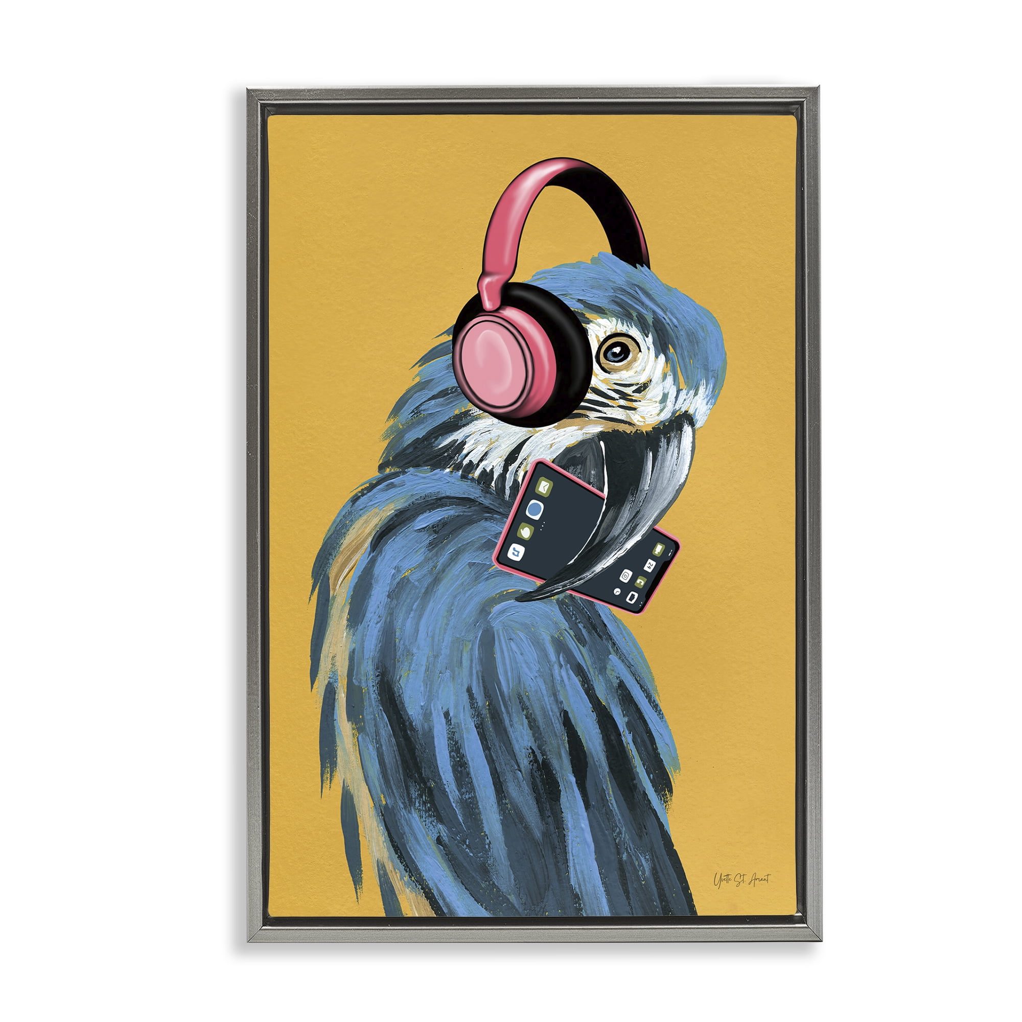 Stupell Industries Parrot Listening to Music Animals & Insects Painting Gray Floater Framed Art Print Wall Art, 17 x 25