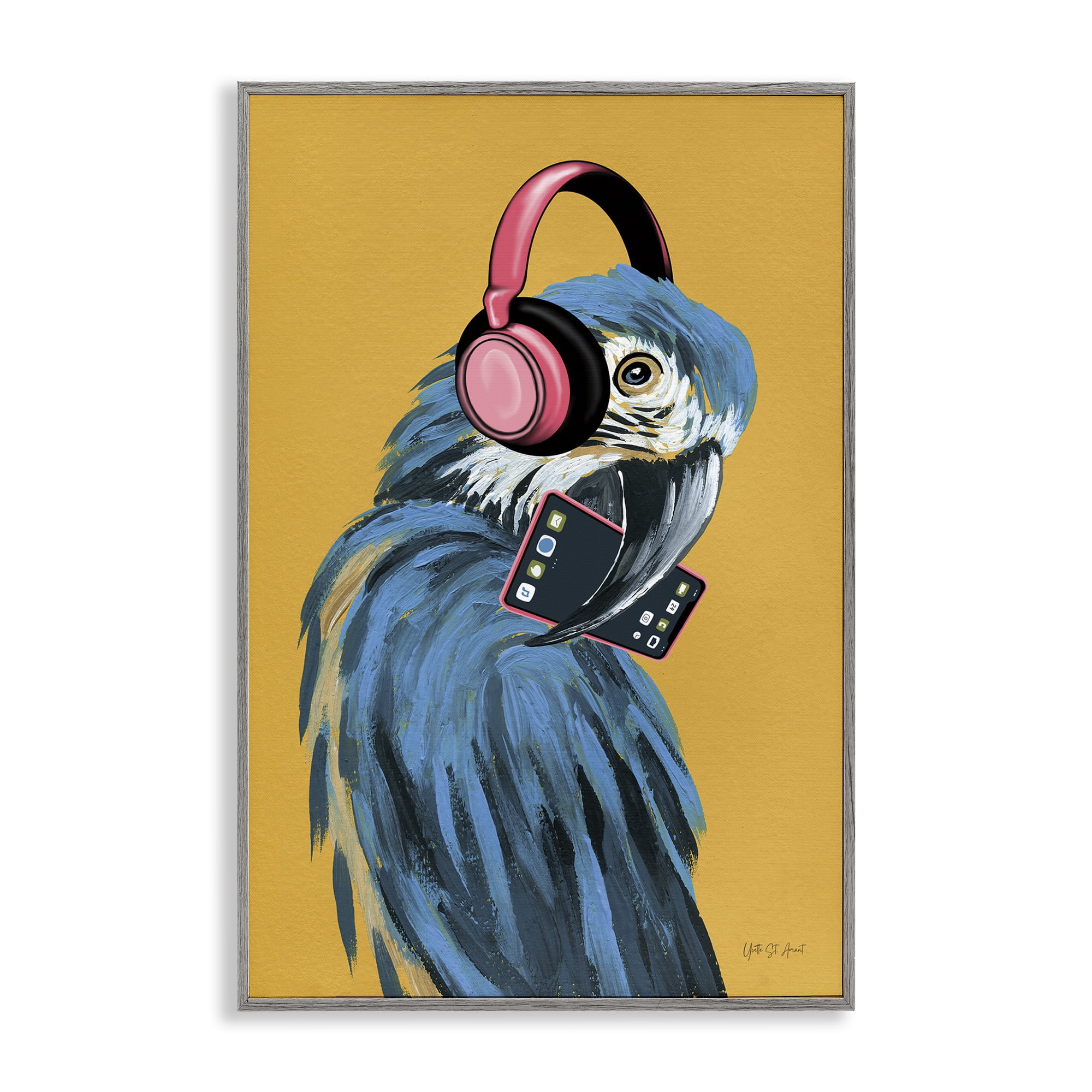 Stupell Industries Parrot Listening to Music Animals & Insects Painting Gray Framed Art Print Wall Art, 12 x 18