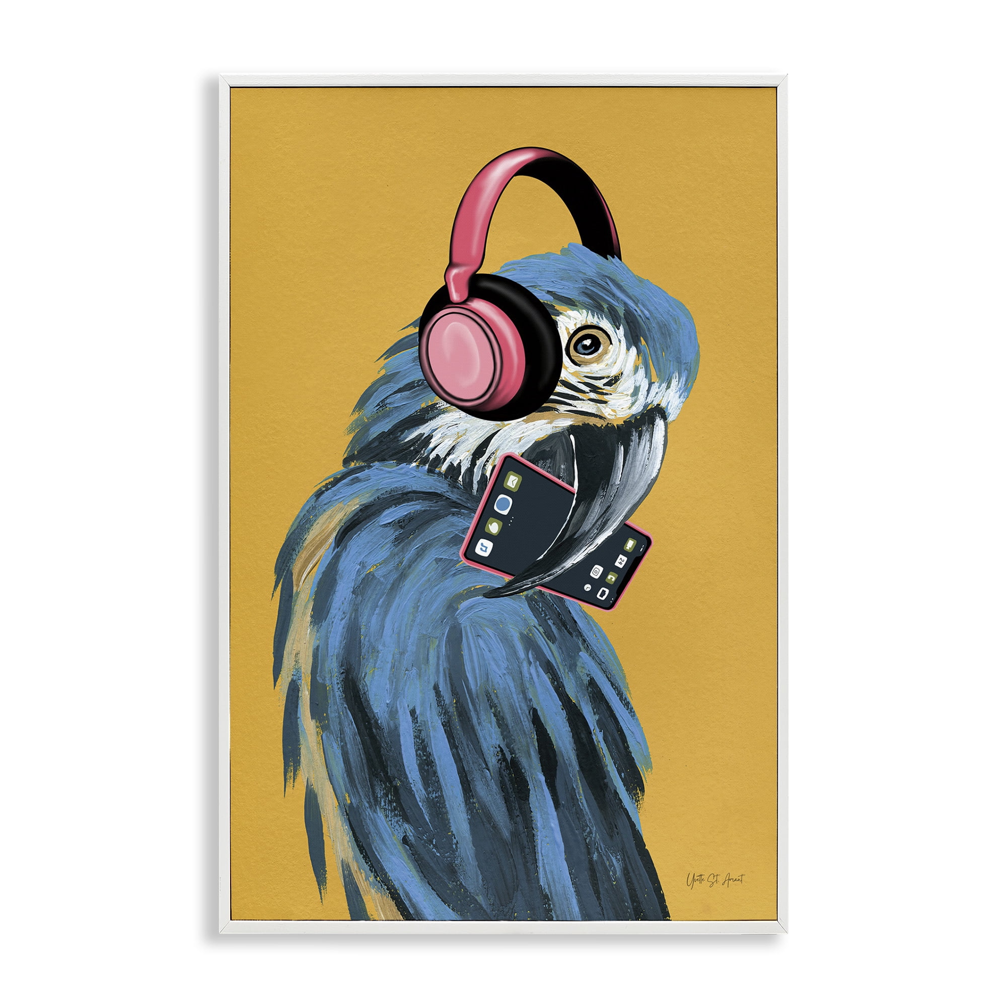 Stupell Industries Parrot Listening to Music Animals & Insects Painting White Framed Art Print Wall Art, 16 x 24