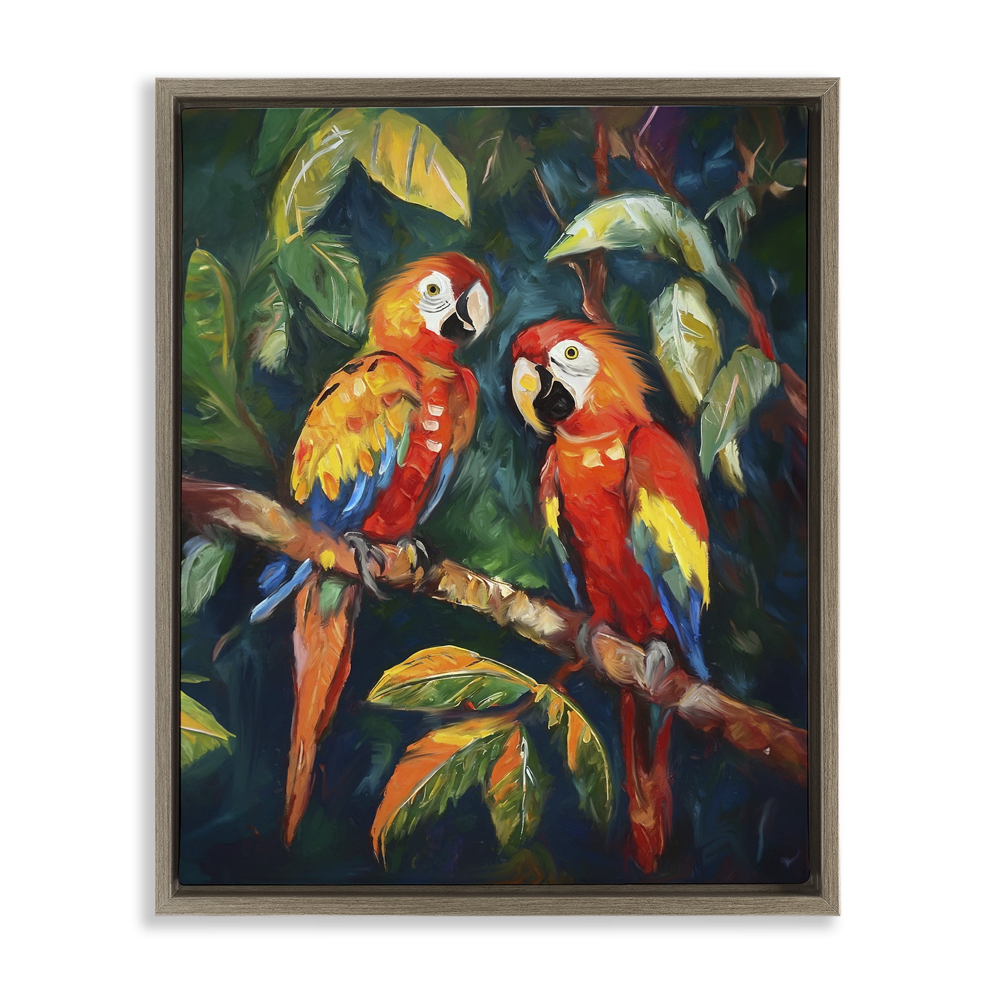 Stupell Industries Parrot Pair on Branch Animals & Insects Painting Brown Floater Framed Canvas Art Print Wall Art, 17 x 21