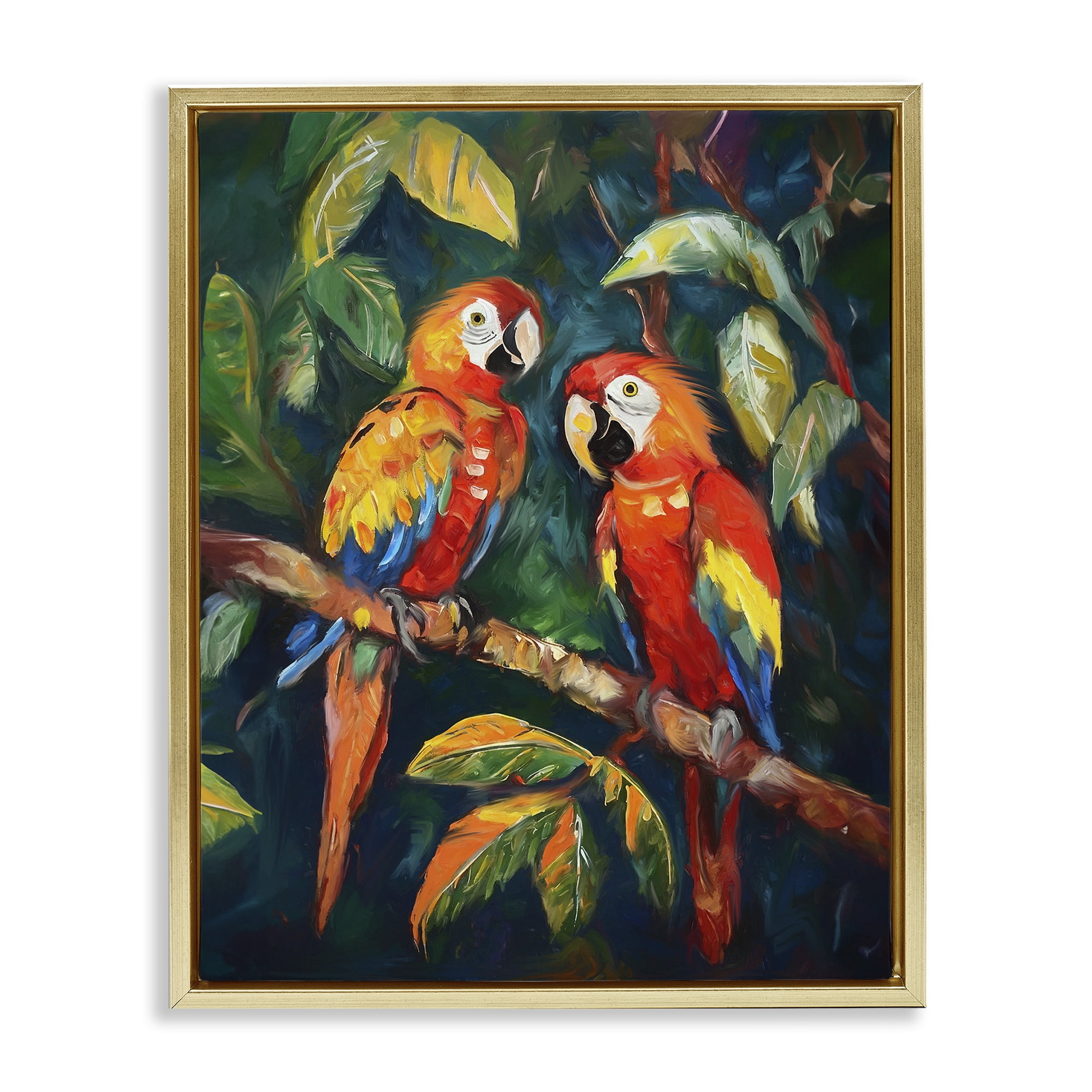 Stupell Industries Parrot Pair on Branch Animals & Insects Painting Gold Floater Framed Canvas Art Print Wall Art, 25 x 31