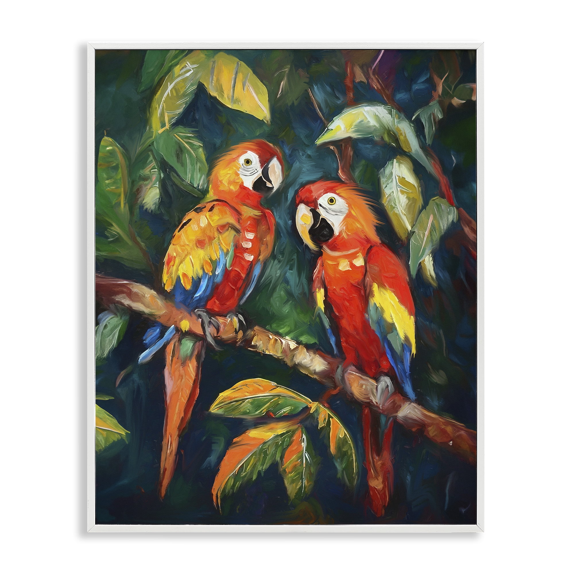 Colorful Parrot Pair on Branch Canvas Print with White Frame