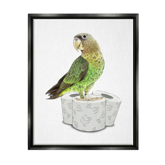 Stupell Industries Parrot Perched Toilet Paper Rolls Animals & Insects Painting Black Floater Framed Art Print Wall Art