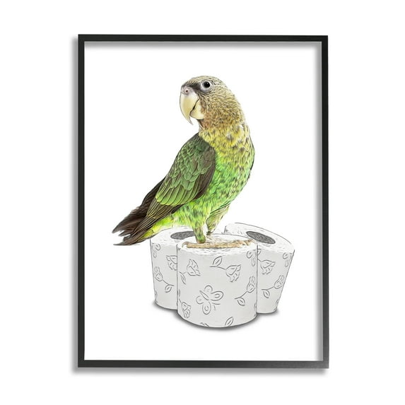 Stupell Industries Parrot Perched Toilet Paper Rolls Animals & Insects Painting Black Framed Art Print Wall Art
