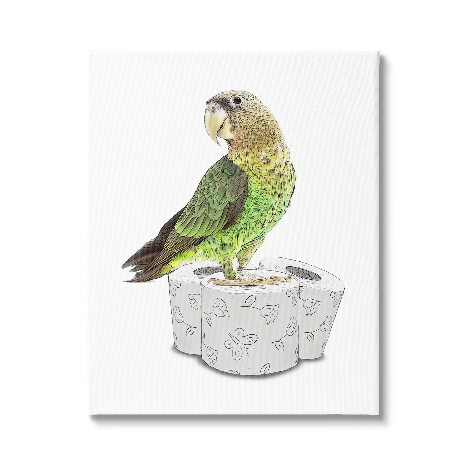Green Parrot on Toilet Paper Rolls Canvas Wall Art