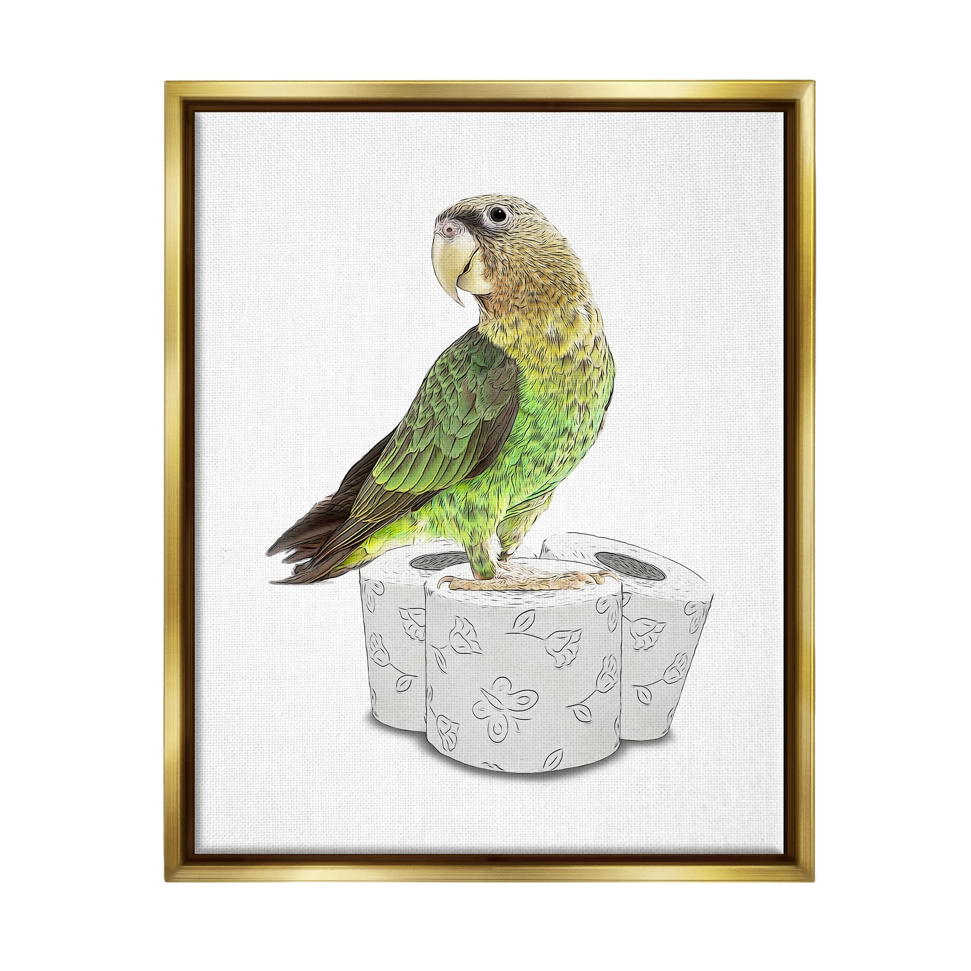 Stupell Industries Parrot Perched Toilet Paper Rolls Animals & Insects Painting Gold Floater Framed Art Print Wall Art