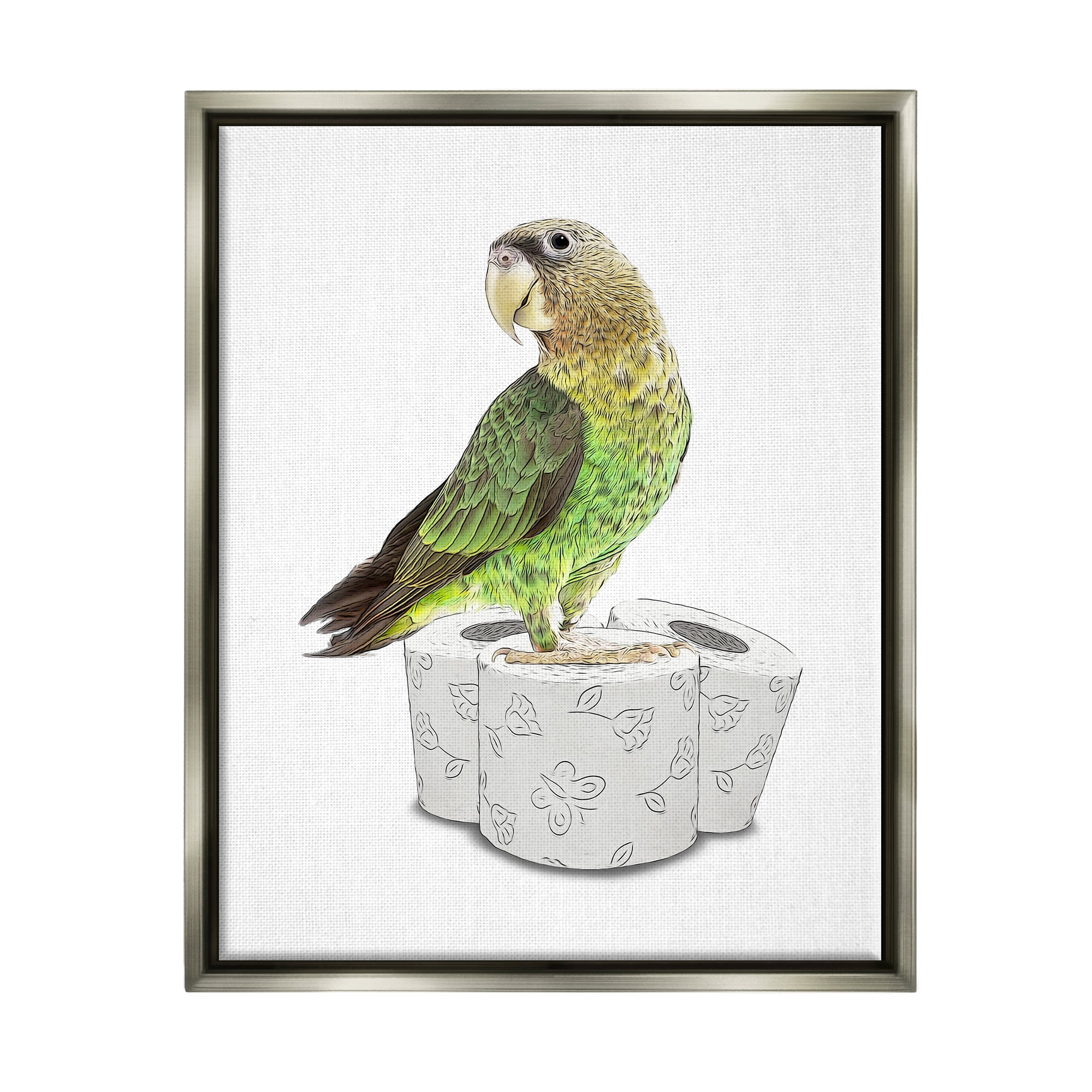 Stupell Industries Parrot Perched Toilet Paper Rolls Animals & Insects Painting Gray Floater Framed Art Print Wall Art