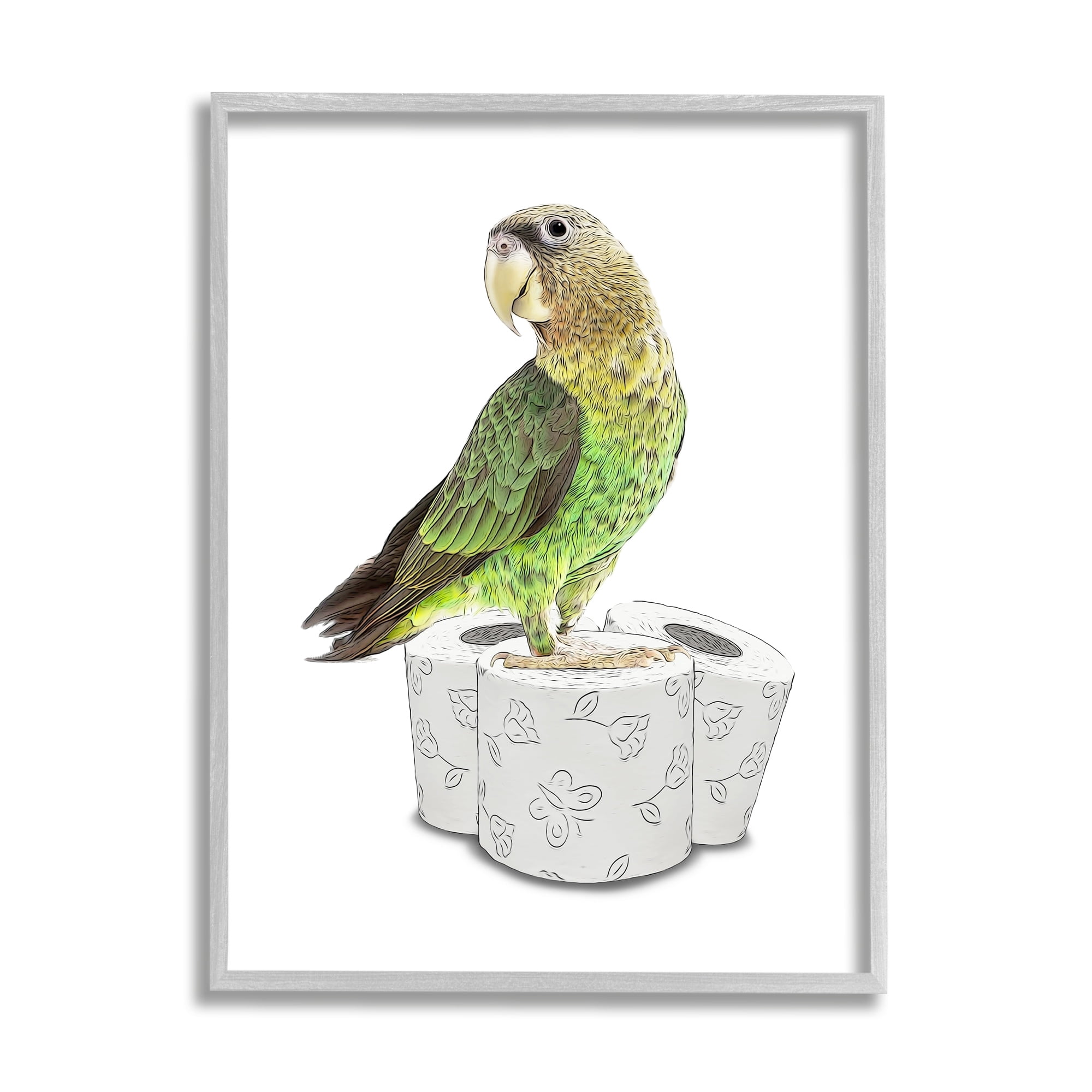 Stupell Industries Parrot Perched Toilet Paper Rolls Animals & Insects Painting Gray Framed Art Print Wall Art