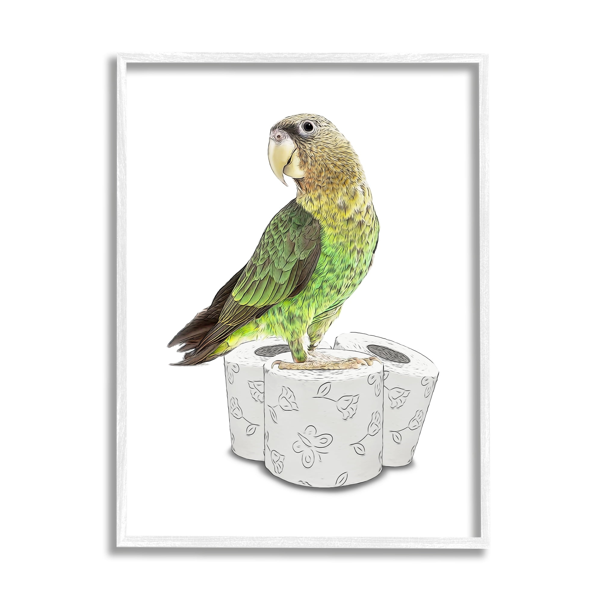 Stupell Industries Parrot Perched Toilet Paper Rolls Animals & Insects Painting White Framed Art Print Wall Art