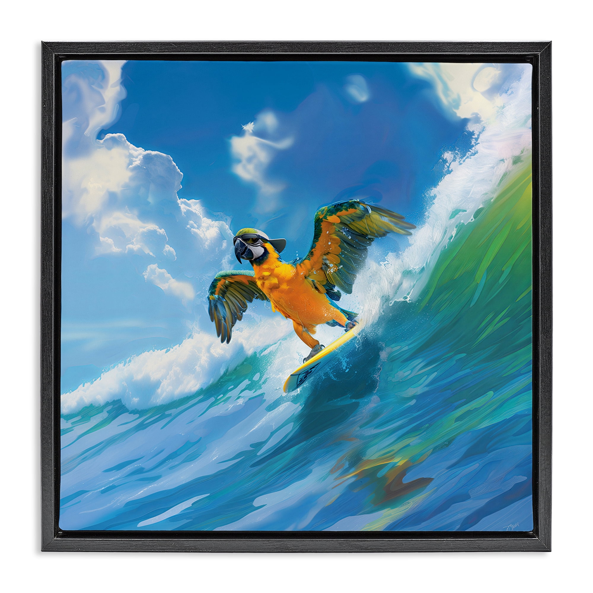Stupell Industries Parrot Surfing Sea Waves Nautical & Beach Painting Black Floater Framed Canvas Art Print Wall Art, 18 x 18