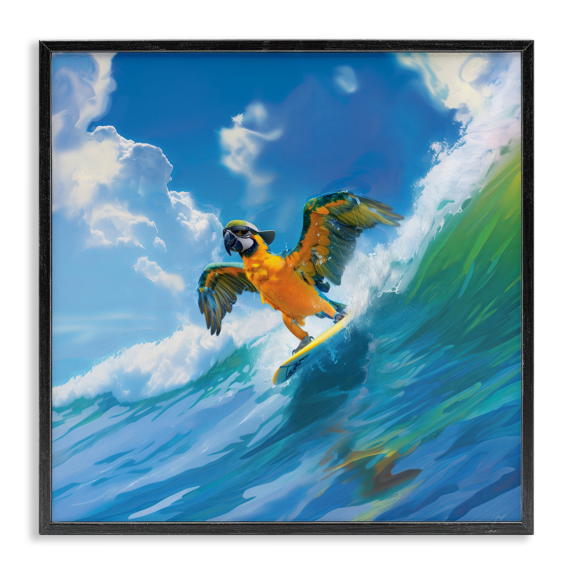 Stupell Industries Parrot Surfing Sea Waves Nautical & Beach Painting Black Framed Art Print Wall Art, 17 x 17