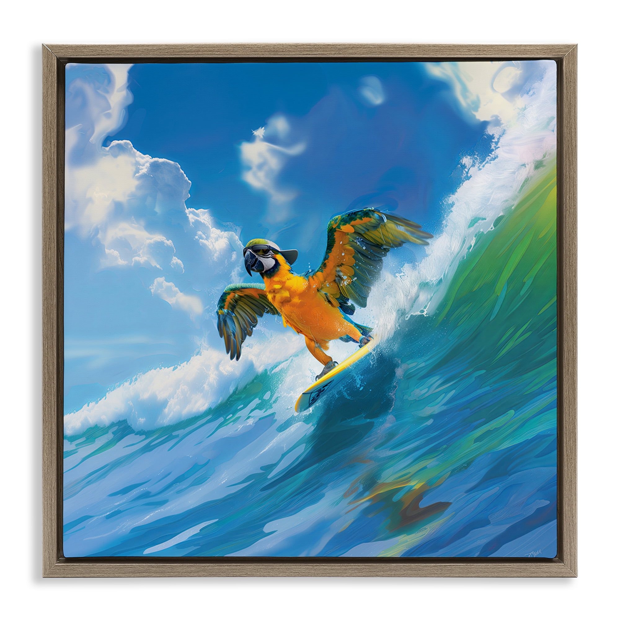 Stupell Industries Parrot Surfing Sea Waves Nautical & Beach Painting Brown Floater Framed Canvas Art Print Wall Art, 18 x 18