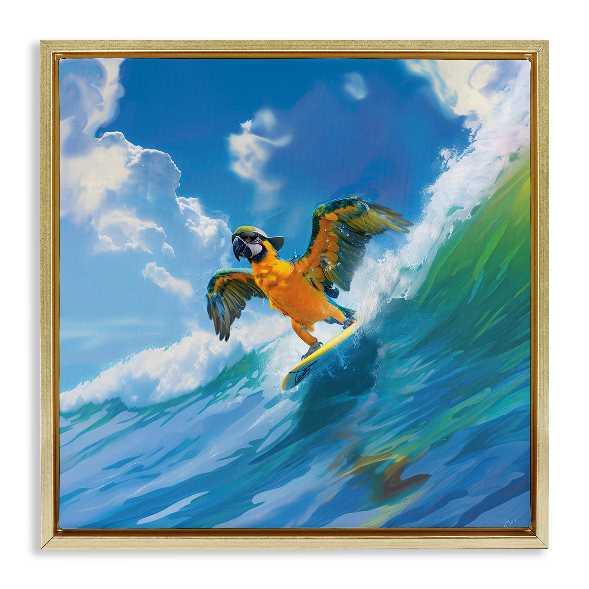 Stupell Industries Parrot Surfing Sea Waves Nautical & Beach Painting Gold Floater Framed Canvas Art Print Wall Art, 25 x 25