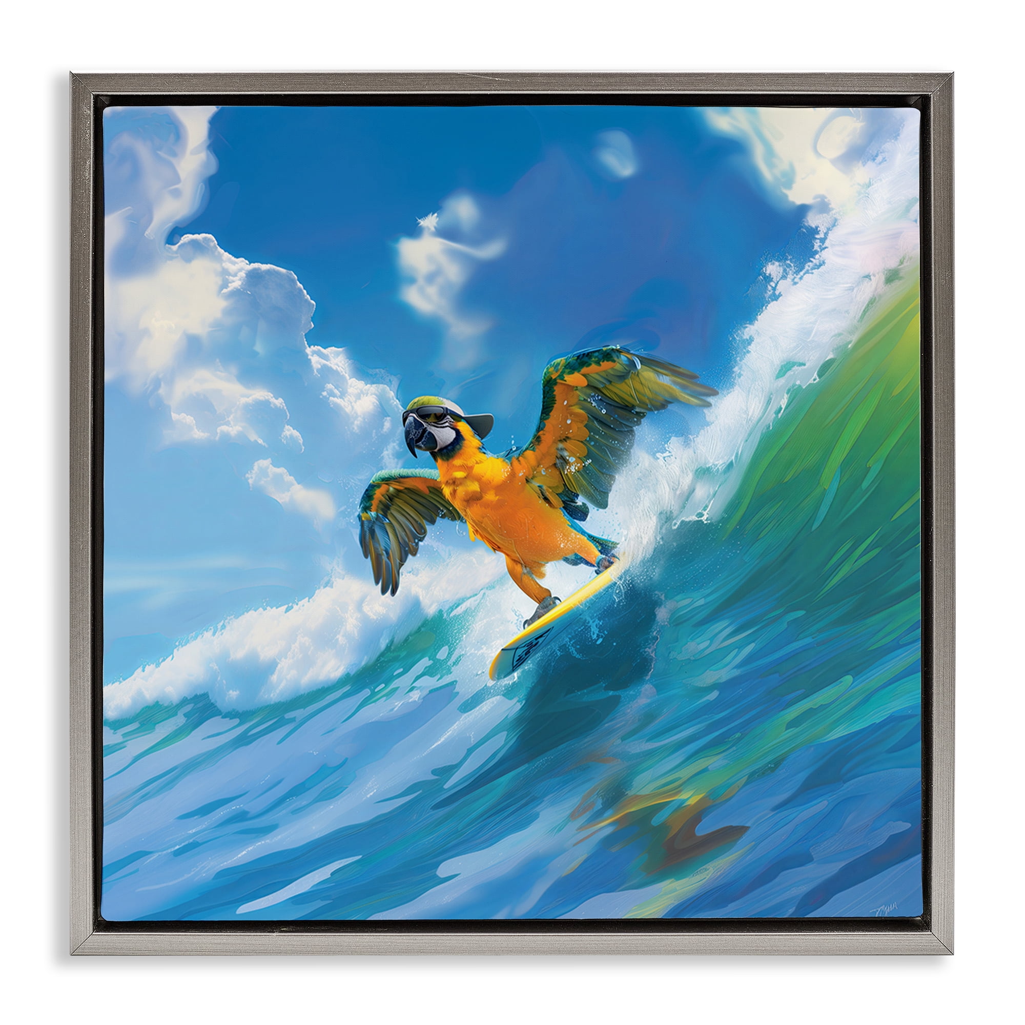 Stupell Industries Parrot Surfing Sea Waves Nautical & Beach Painting Gray Floater Framed Canvas Art Print Wall Art, 25 x 25