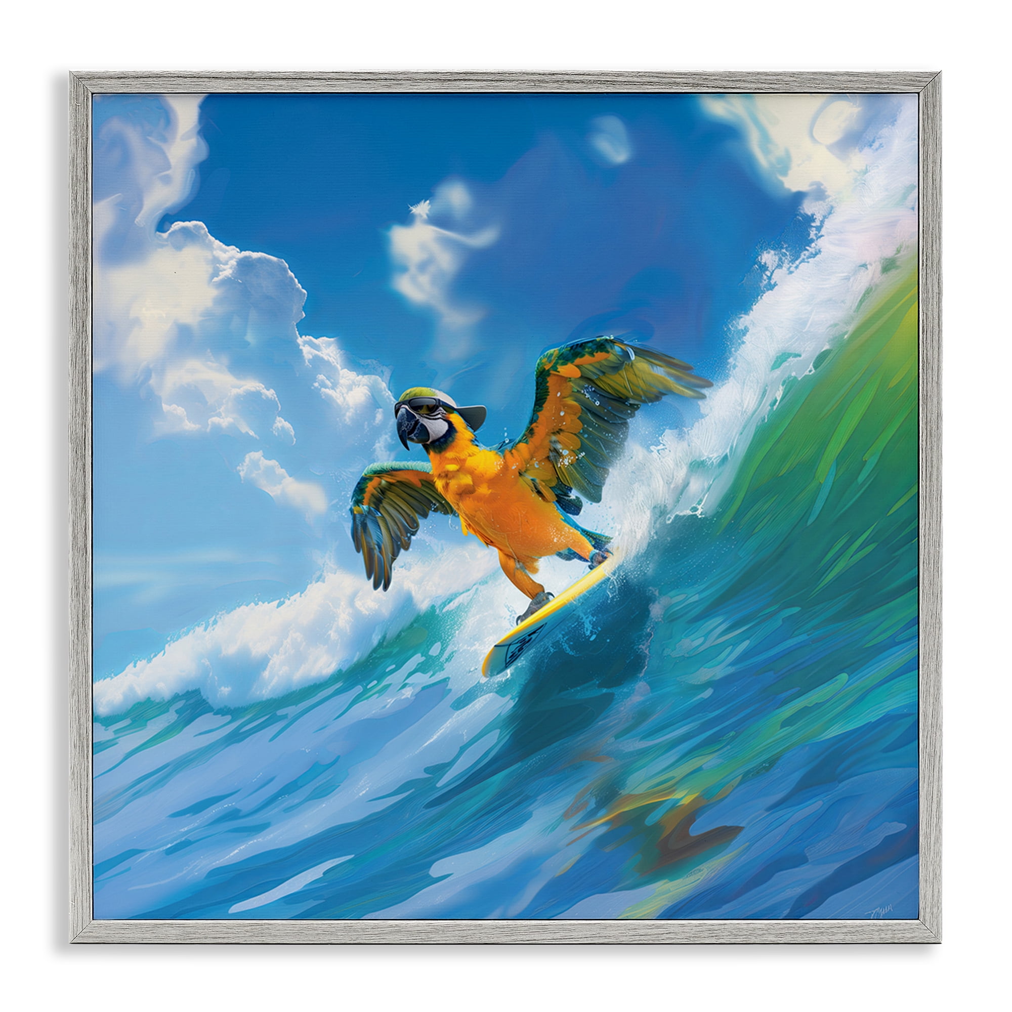 Stupell Industries Parrot Surfing Sea Waves Nautical & Beach Painting Gray Framed Art Print Wall Art, 12 x 12