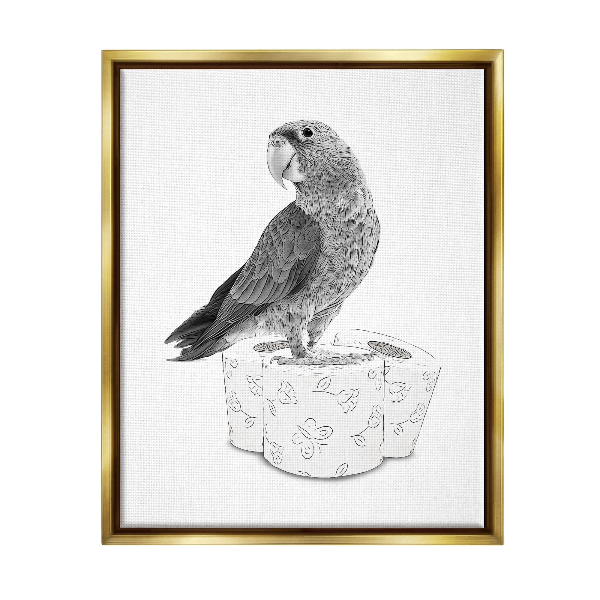 Stupell Industries Parrot & Toilet Paper Bathroom Animals & Insects Painting Gold Floater Framed Art Print Wall Art
