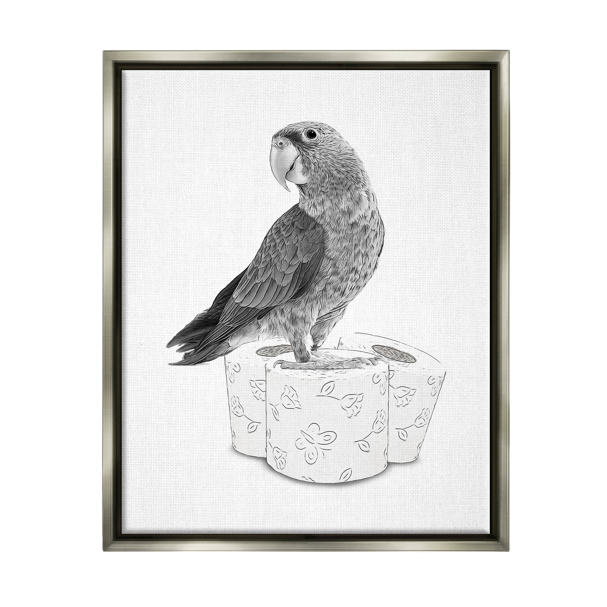 Stupell Industries Parrot & Toilet Paper Bathroom Animals & Insects Painting Gray Floater Framed Art Print Wall Art
