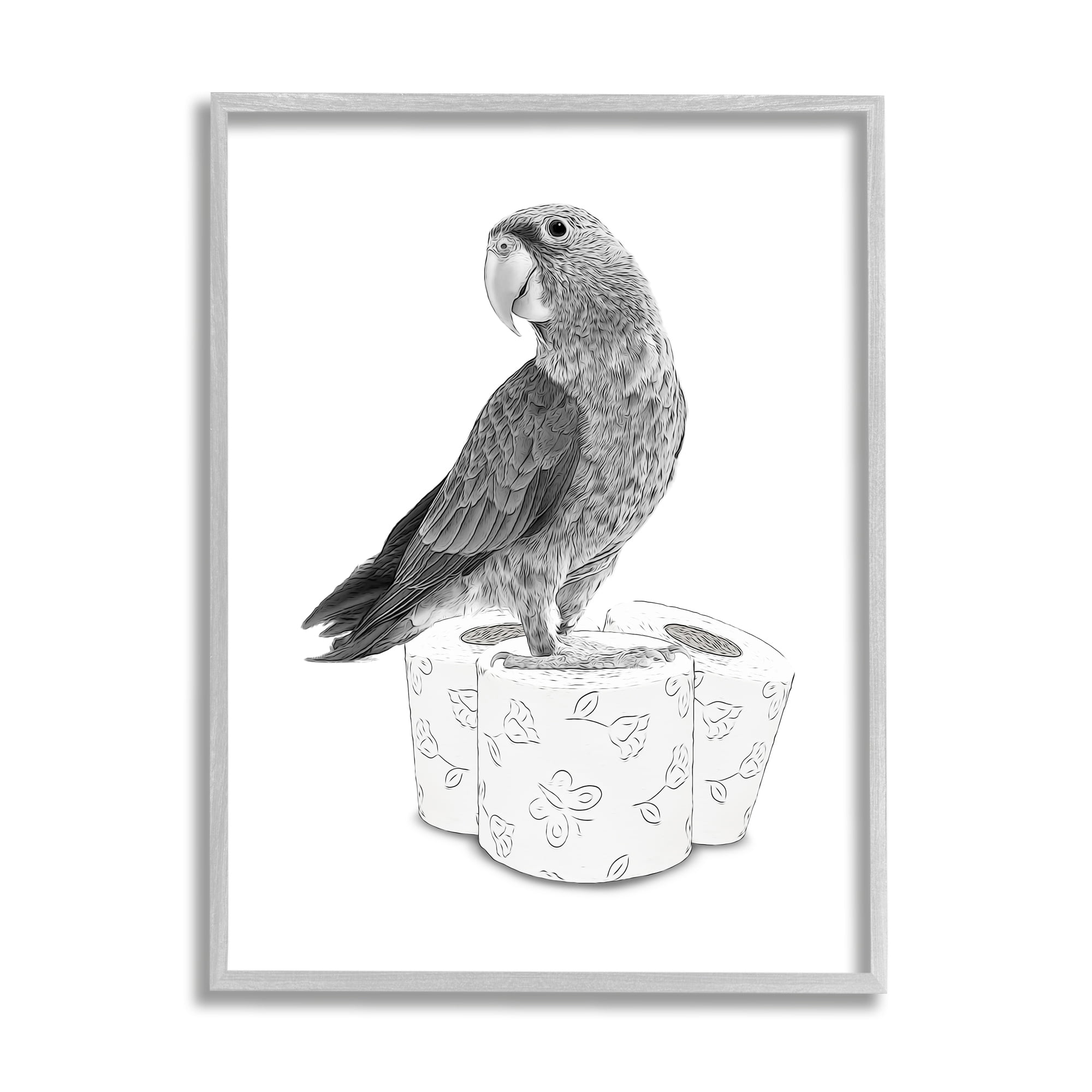 Stupell Industries Parrot & Toilet Paper Bathroom Animals & Insects Painting Gray Framed Art Print Wall Art