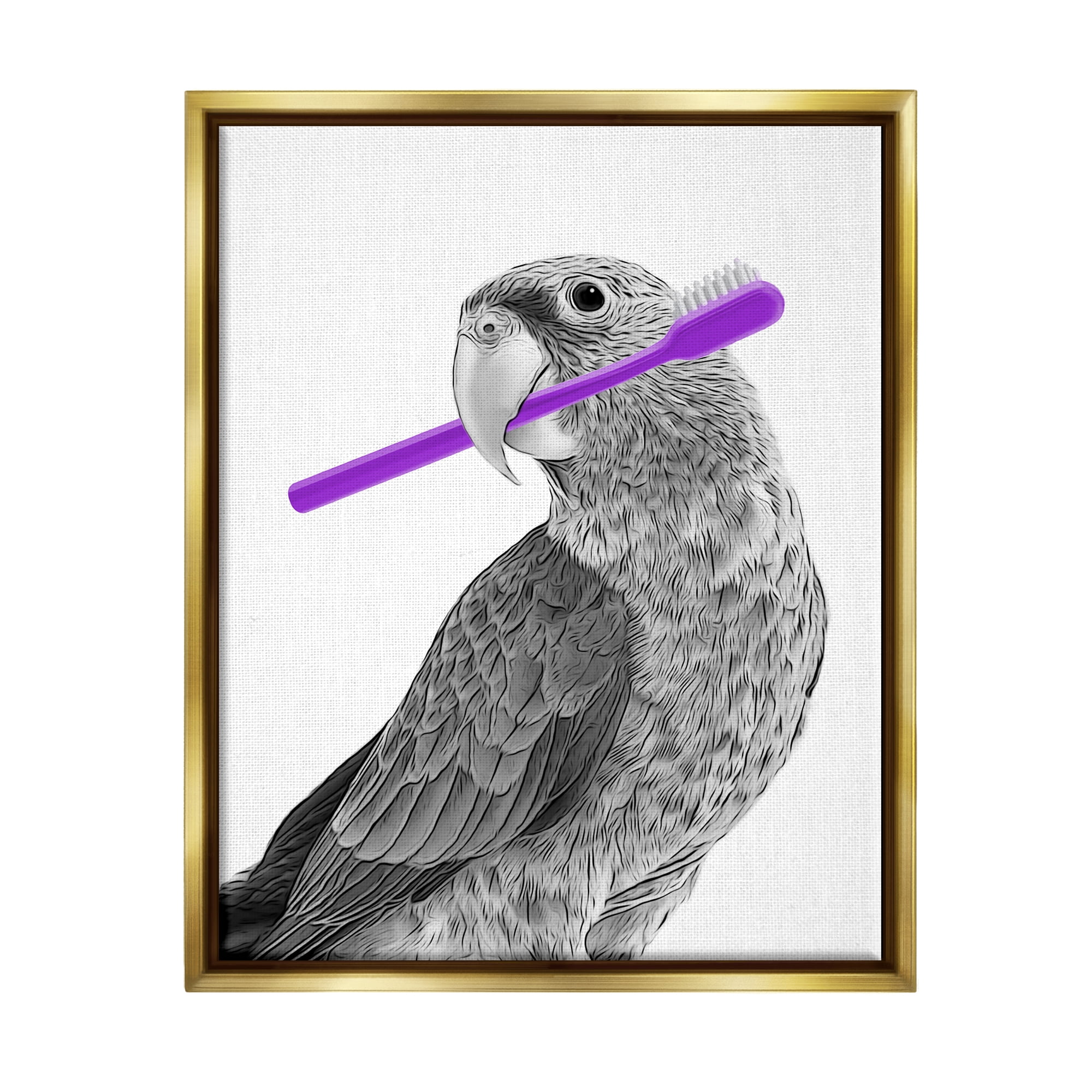 Stupell Industries Parrot With Toothbrush Funny Bird Animals & Insects Painting Gold Floater Framed Art Print Wall Art