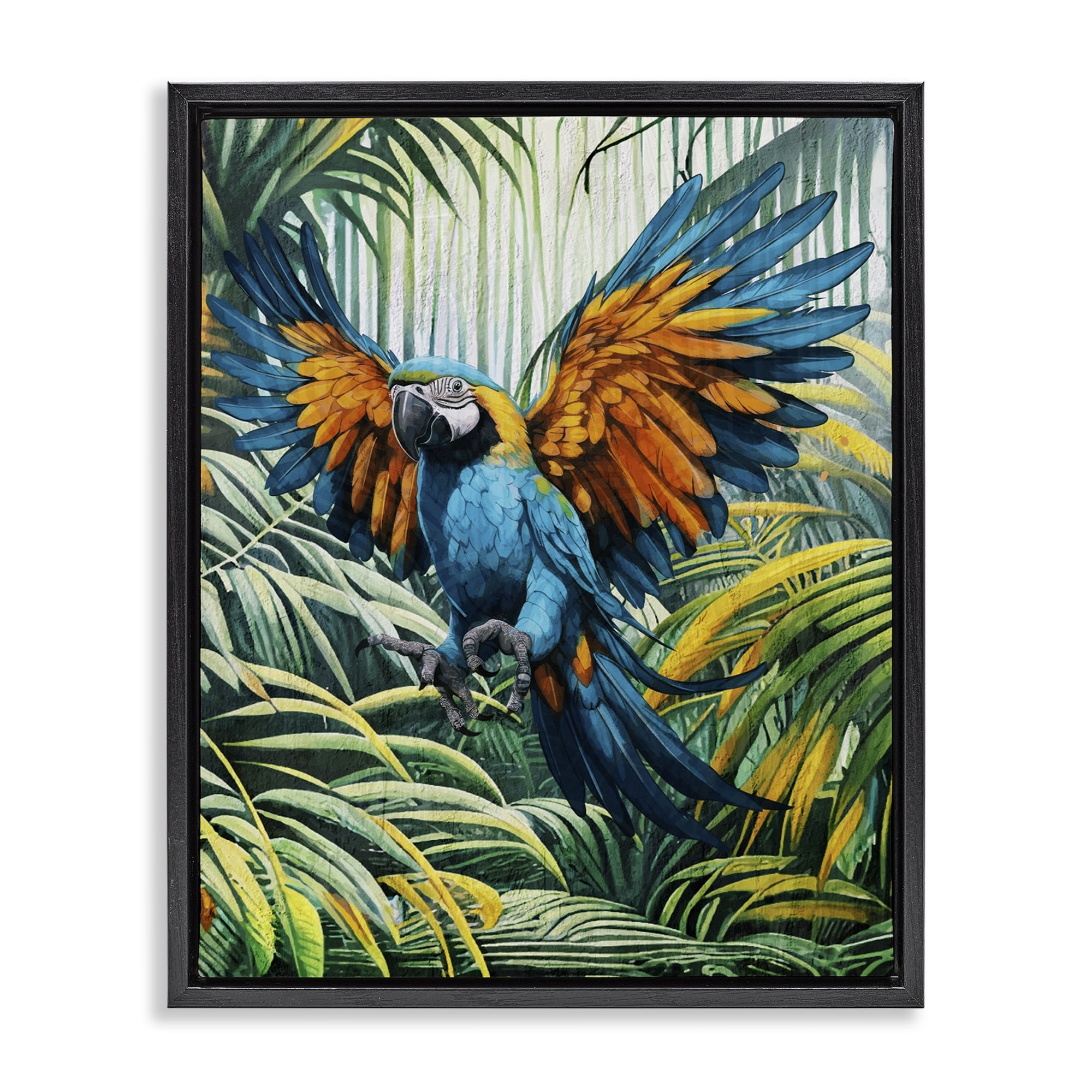 Stupell Industries Parrot in Flight Animals Painting Black Floater Framed Canvas Art Print Wall Art, 25 x 31