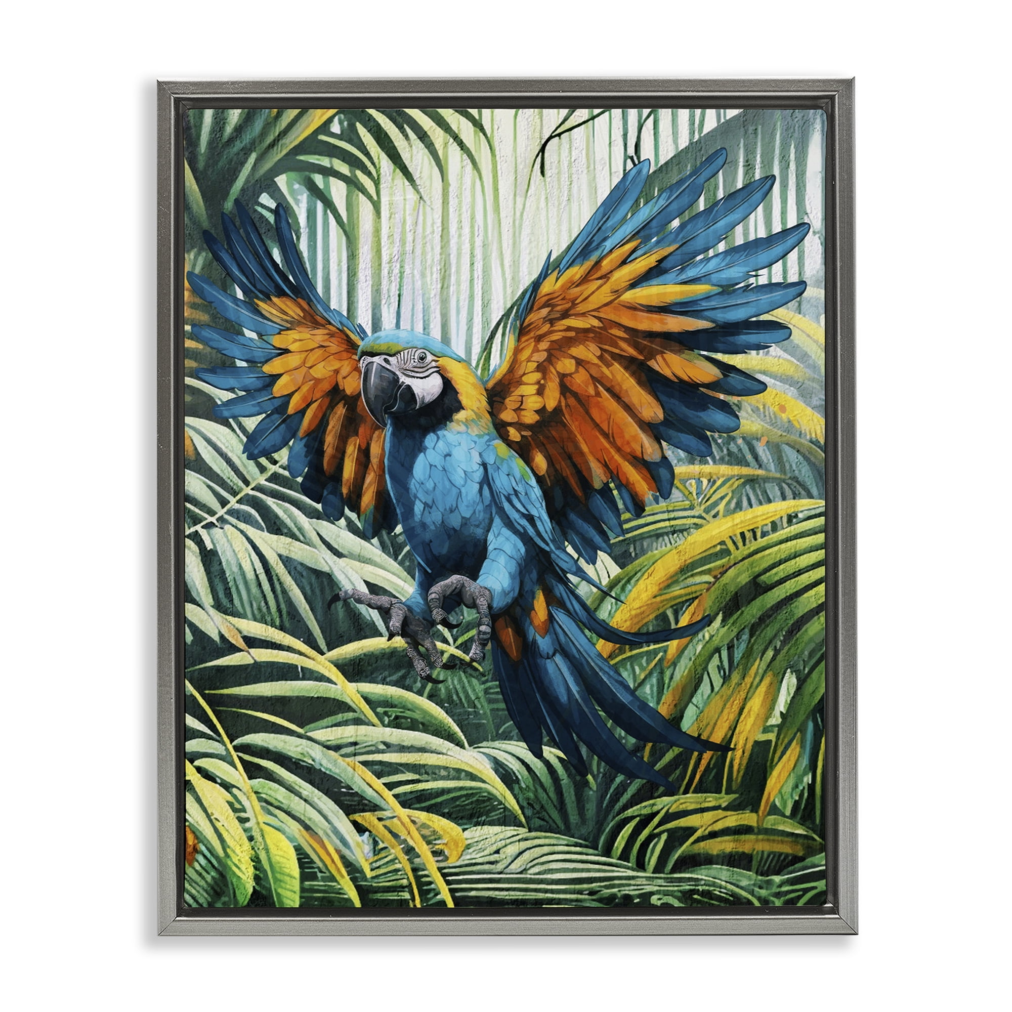 Stupell Industries Parrot in Flight Animals Painting Gray Floater Framed Canvas Art Print Wall Art, 17 x 21